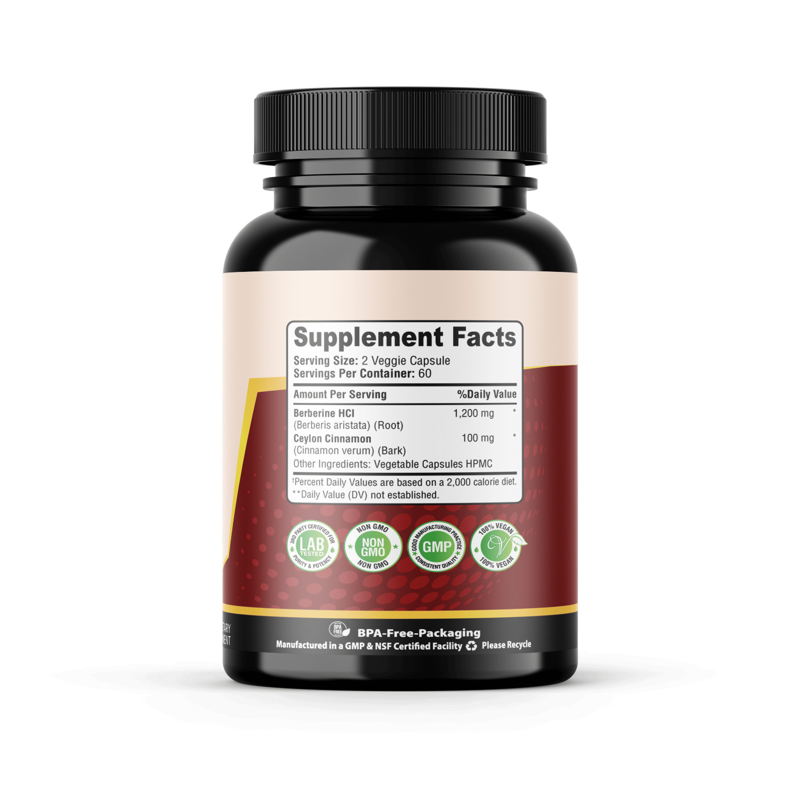 Berberine HCl + Ceylon Cinnamon – 1,300mg | Organic | No Fillers | 120 Capsules