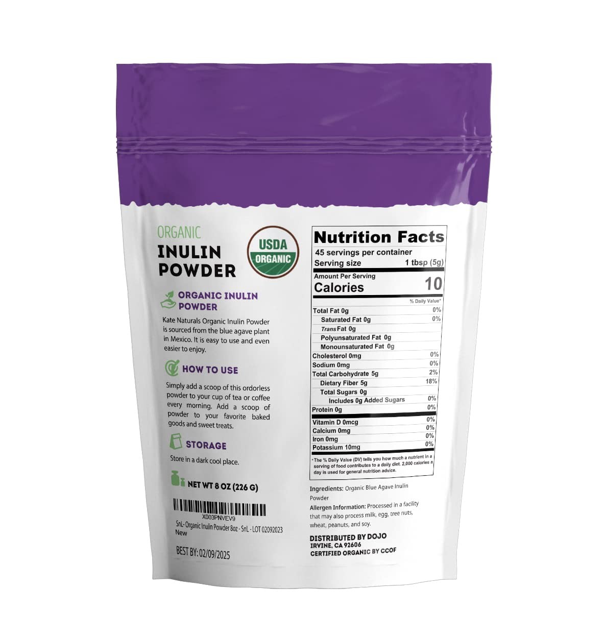 Inulin Powder Organic from Blue Agave (8oz) Soluble Prebiotic Fiber for Coffee,
