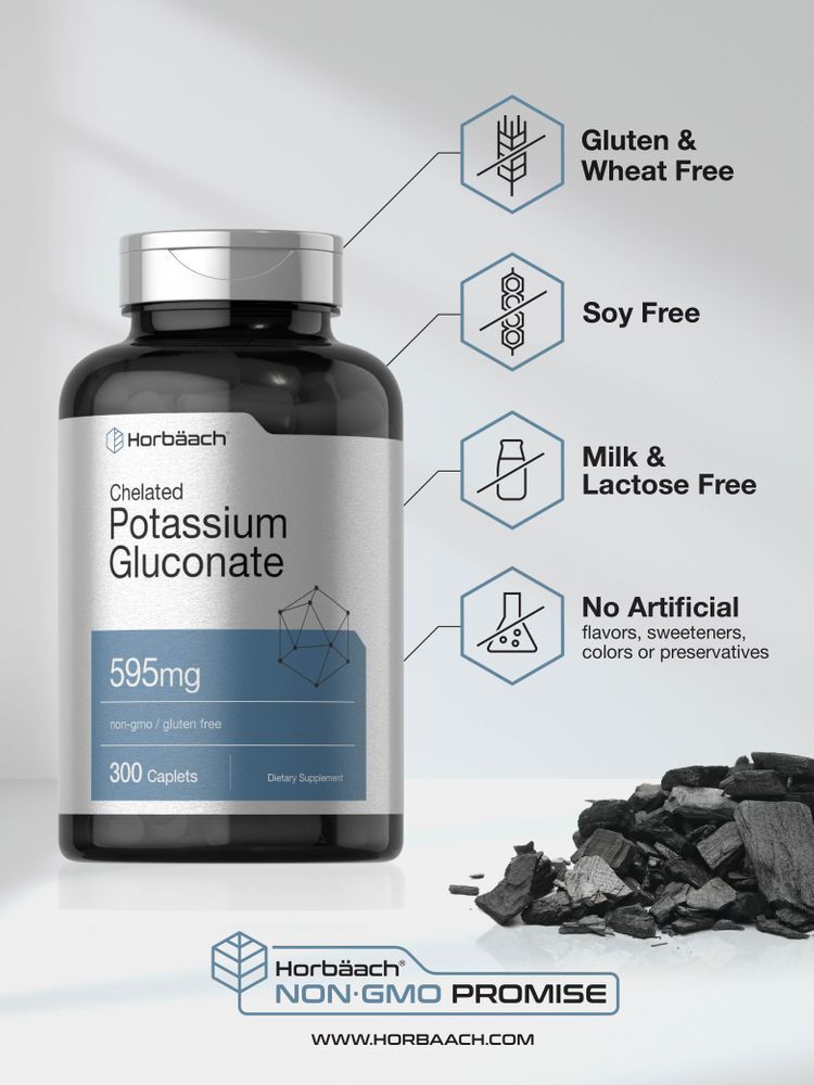 Potassium Gluconate 595 mg | 300 Caplets | Chelated | Vegetarian | by Horbaach