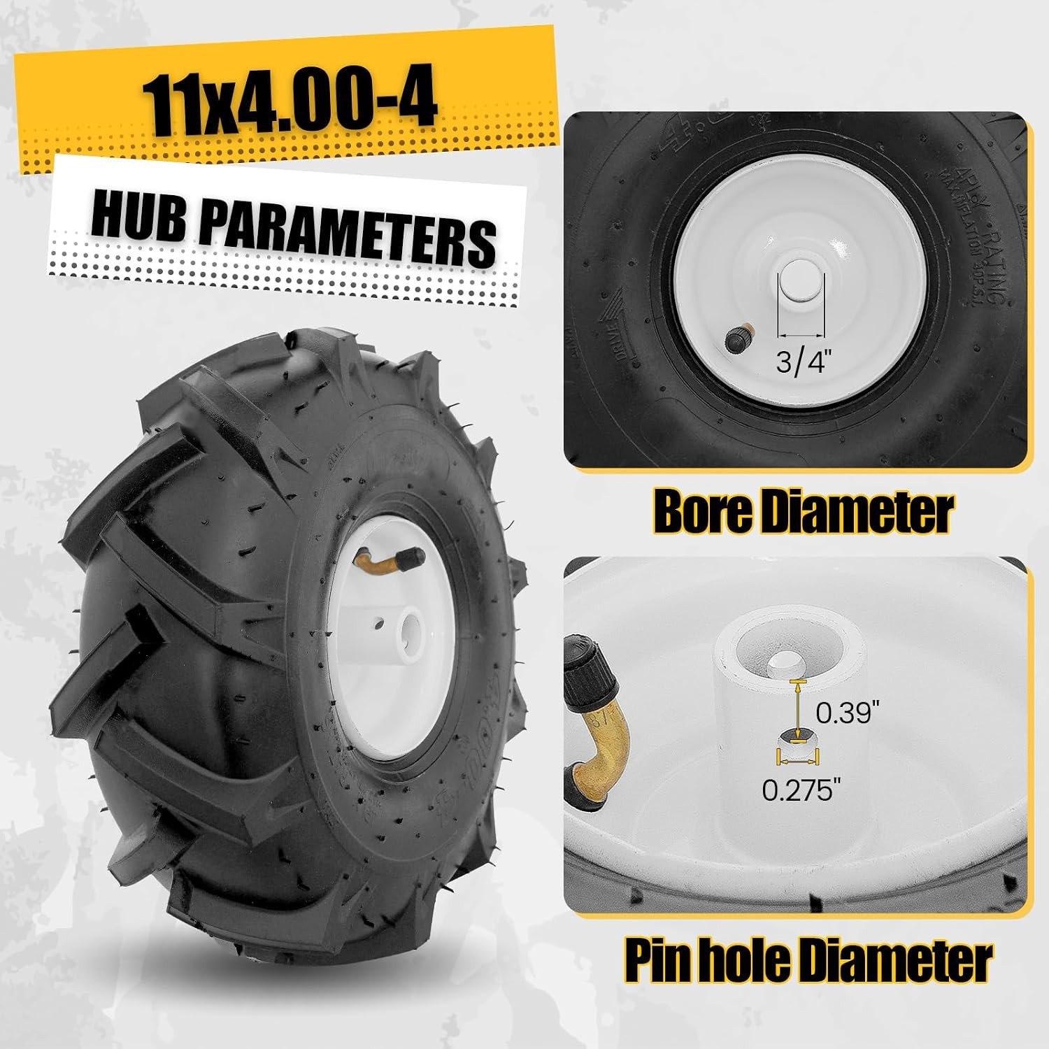 MZREXN 11×4.00-4″ Tiller Tire and Wheel 2 Pack, 3/4″ Axle Size | 3-1/8″ Offset H