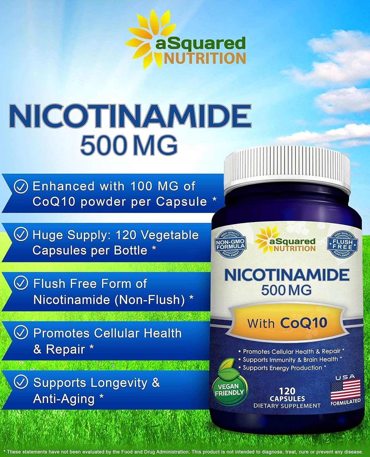 aSquared Nutrition Nicotinamide with CoQ10 120 Capsules – Vitamin B3 500mg
