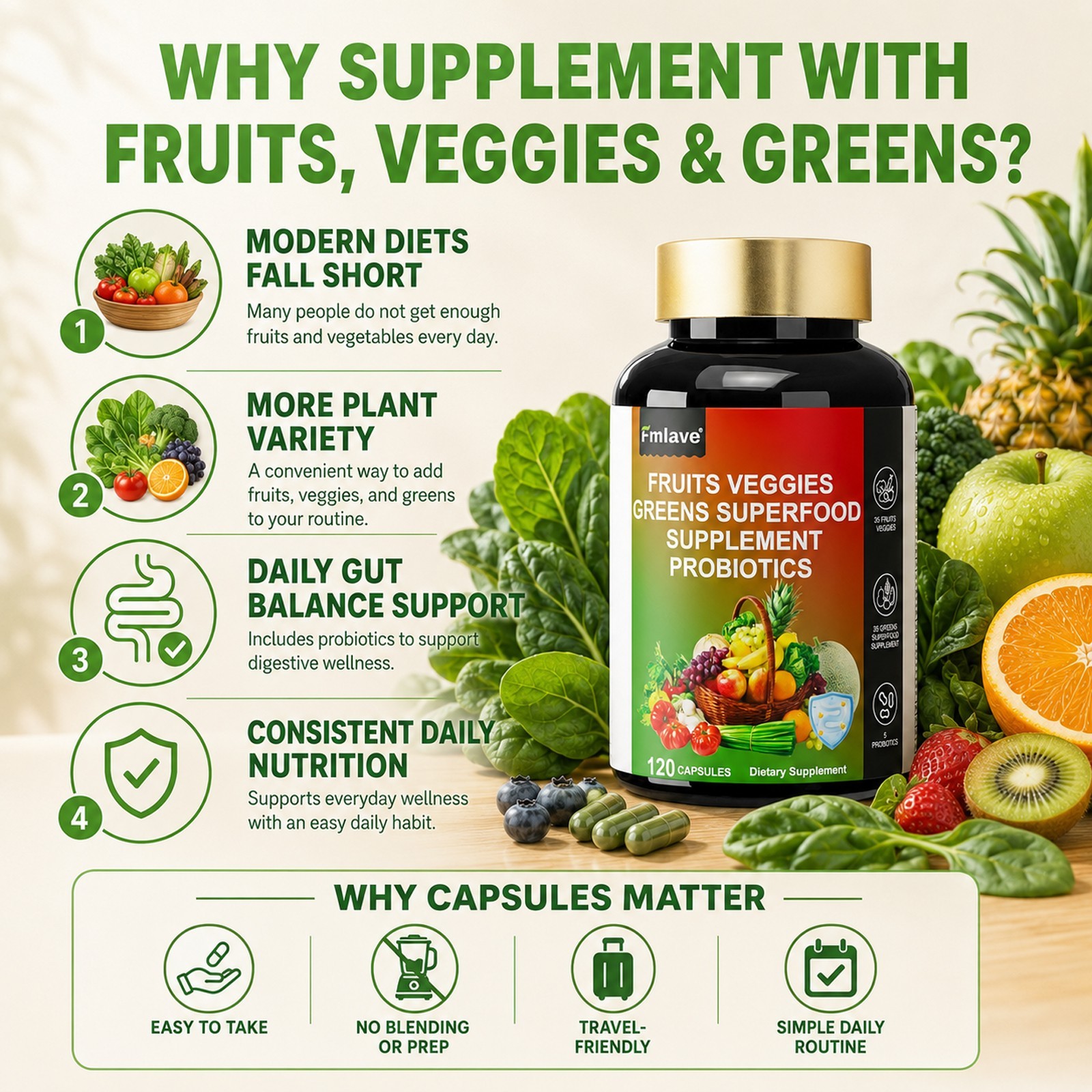 Fruits and Veggies Supplement | 120 Capsules | Non-GMO Vitamin Greens Probiotics
