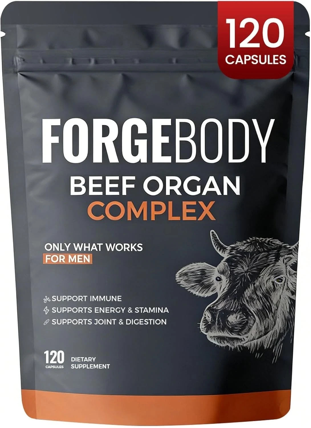 Forgebody Beef Organ Complex Supplement for Men 120 Capsules Grass Fed Beef