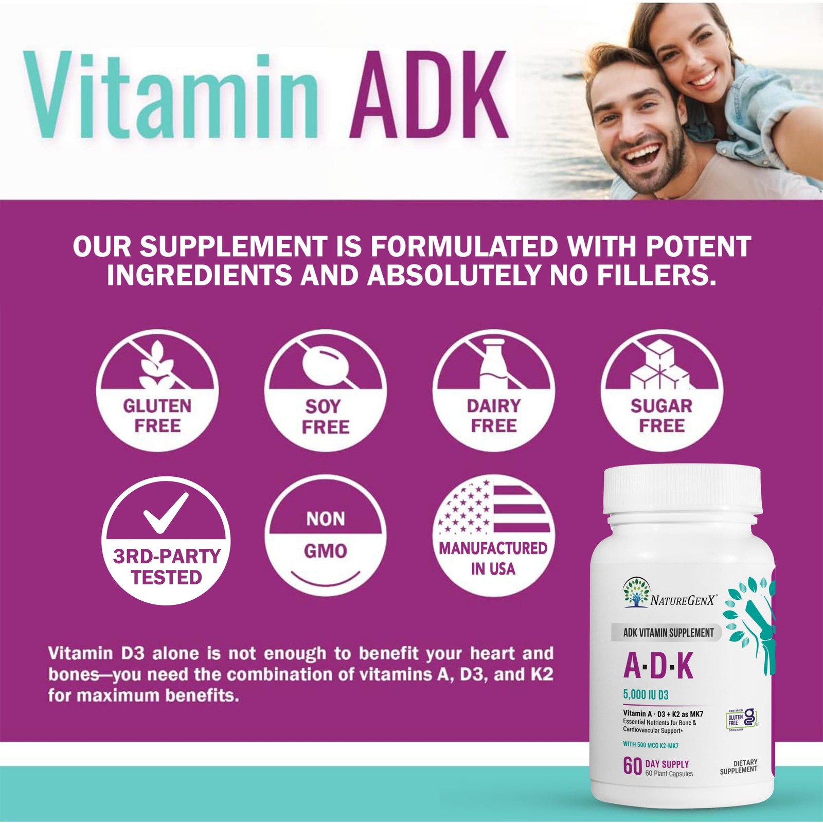 NatureGenX ADK Vitamin Supplement – Vitamins A, D3 60 Count (Pack of 1), None
