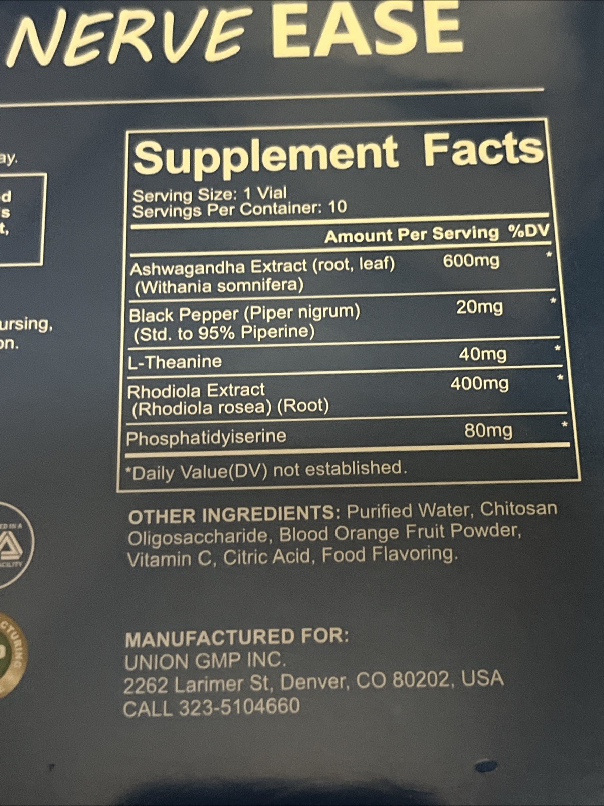 Perseek Nerve Ease Ashwagandha 600mg Liquid Shots, 10 Vials Dietary Supplement