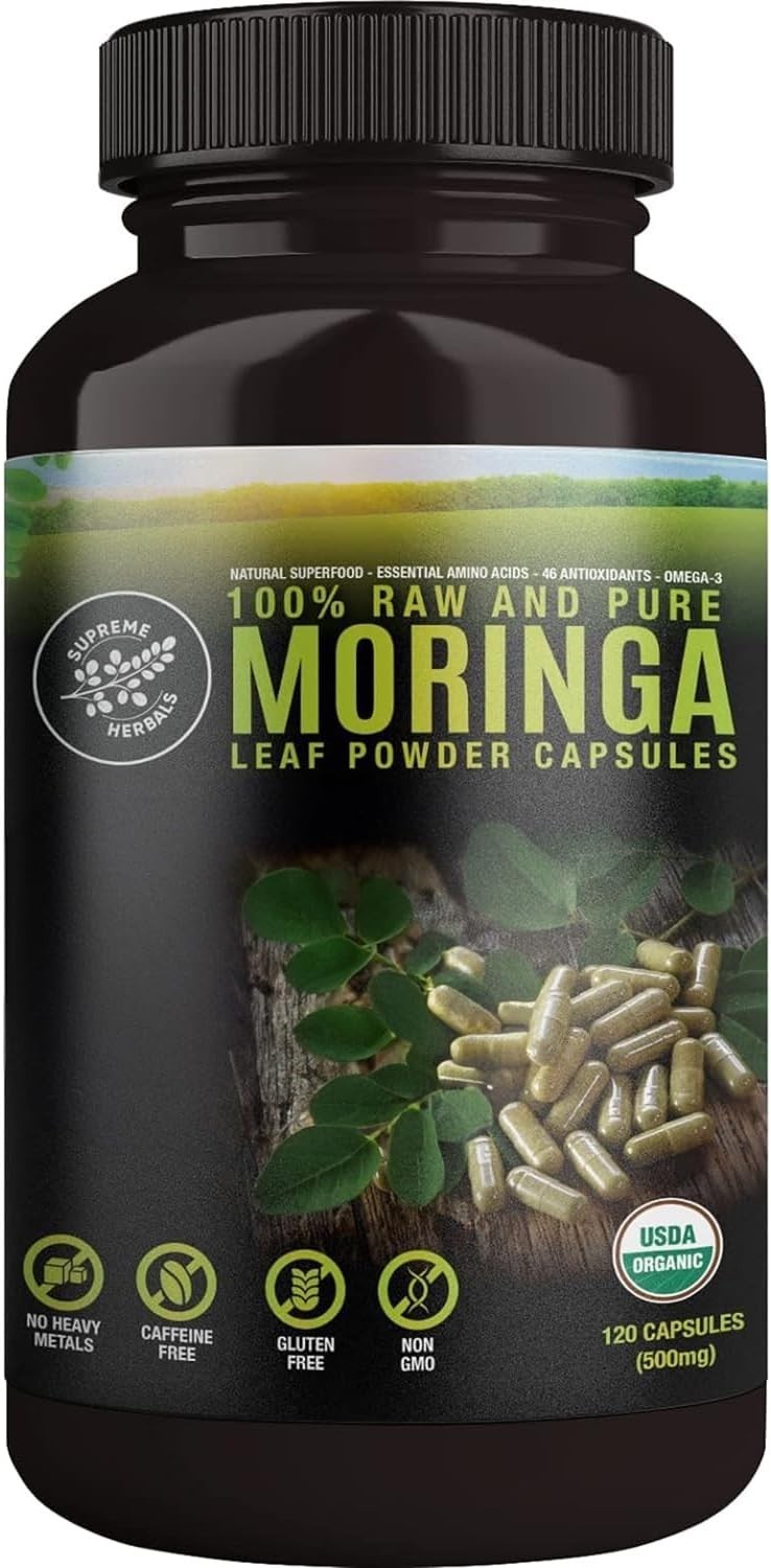 SUPREME HERBALS 100% Raw and Pure Moringa Leaf Powder Capsules. Organic Certi…