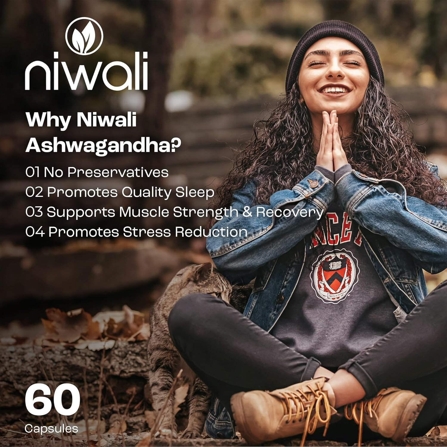 Niwali Ashwagandha Root Stress Relief, Mood, & Energy 1405mg Powder 60 Capsules