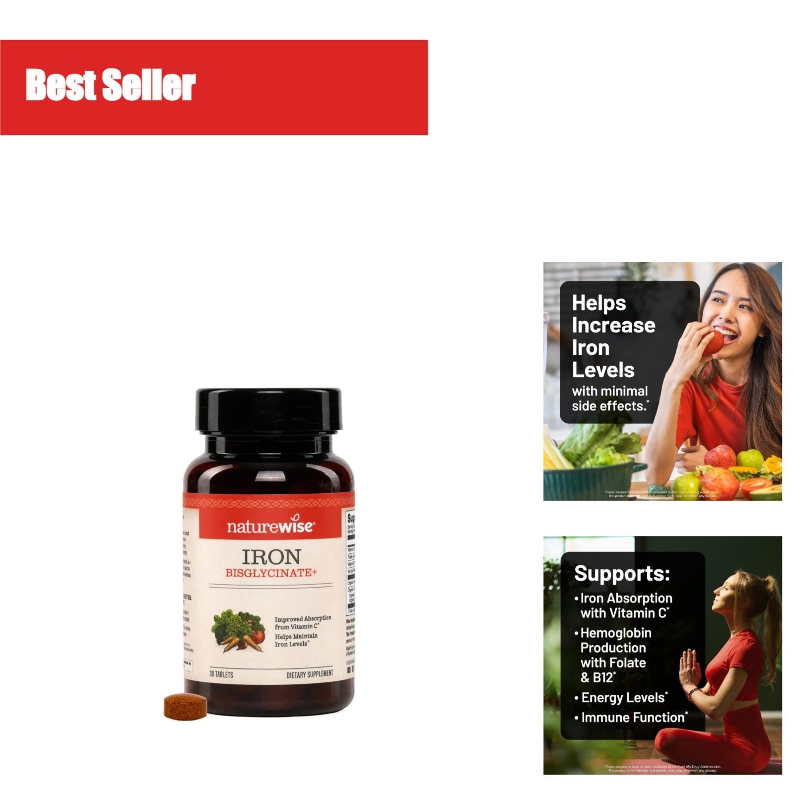 NatureWise Vegan Iron Supplement – High Absorption – 30 Tablets