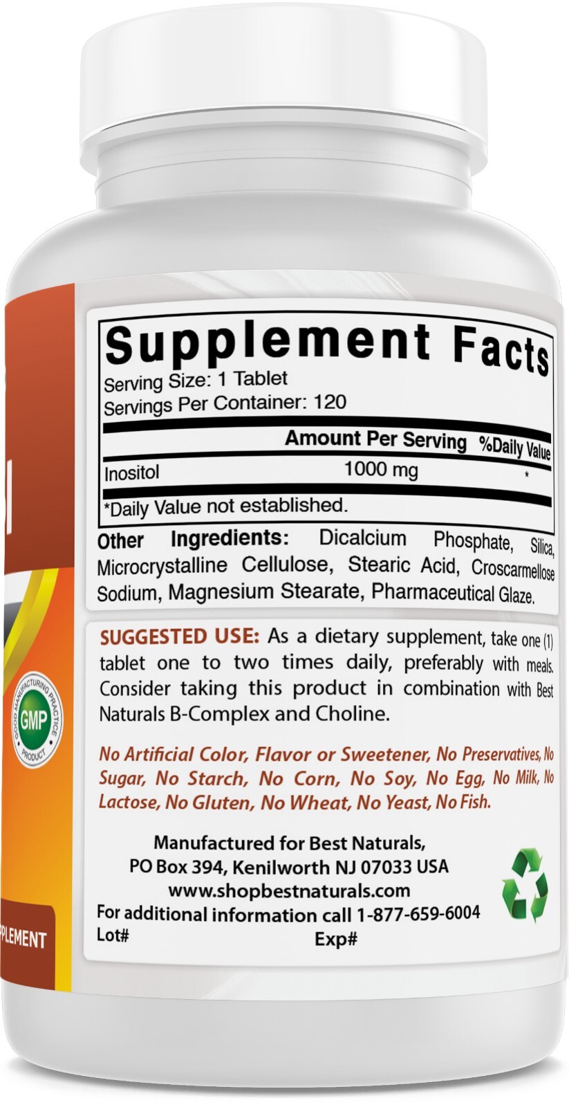 Best Naturals Inositol 1000 mg 120 Tablets – Also Called Vitamin B8