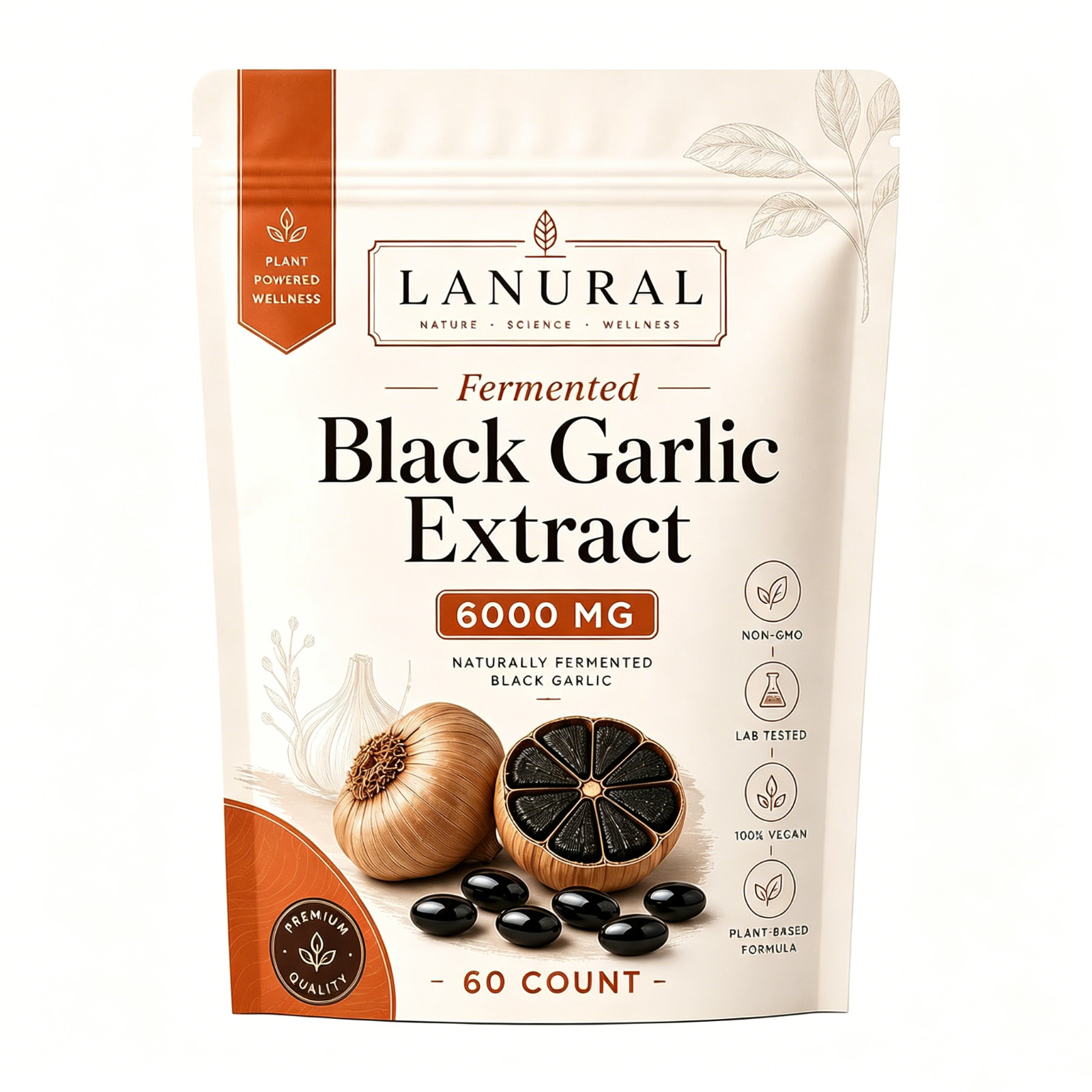 Fermented Lanural Black Garlic, Odorless Capsules, 60 Count
