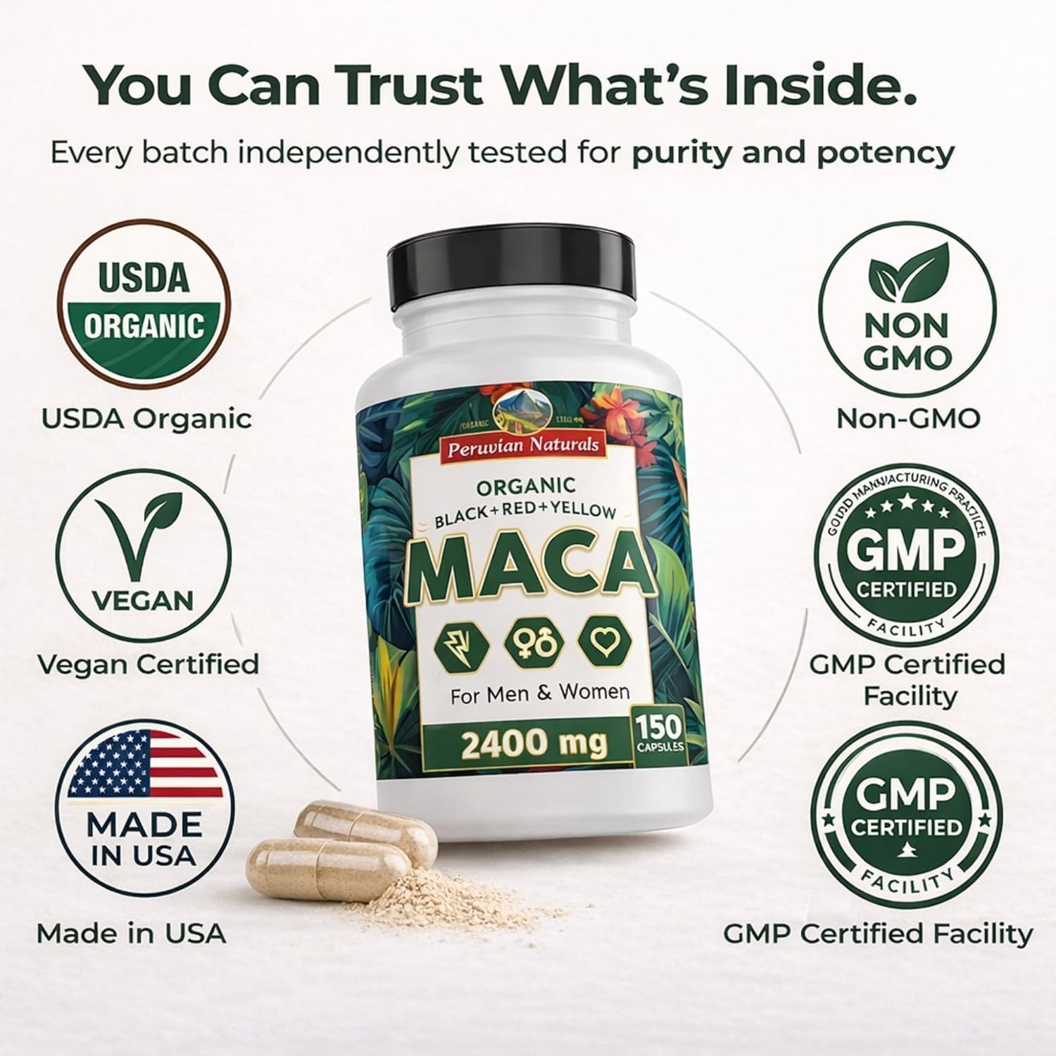 2400mg Organic Black Red Yellow Maca Root Capsules for Men & Women from Peru 150