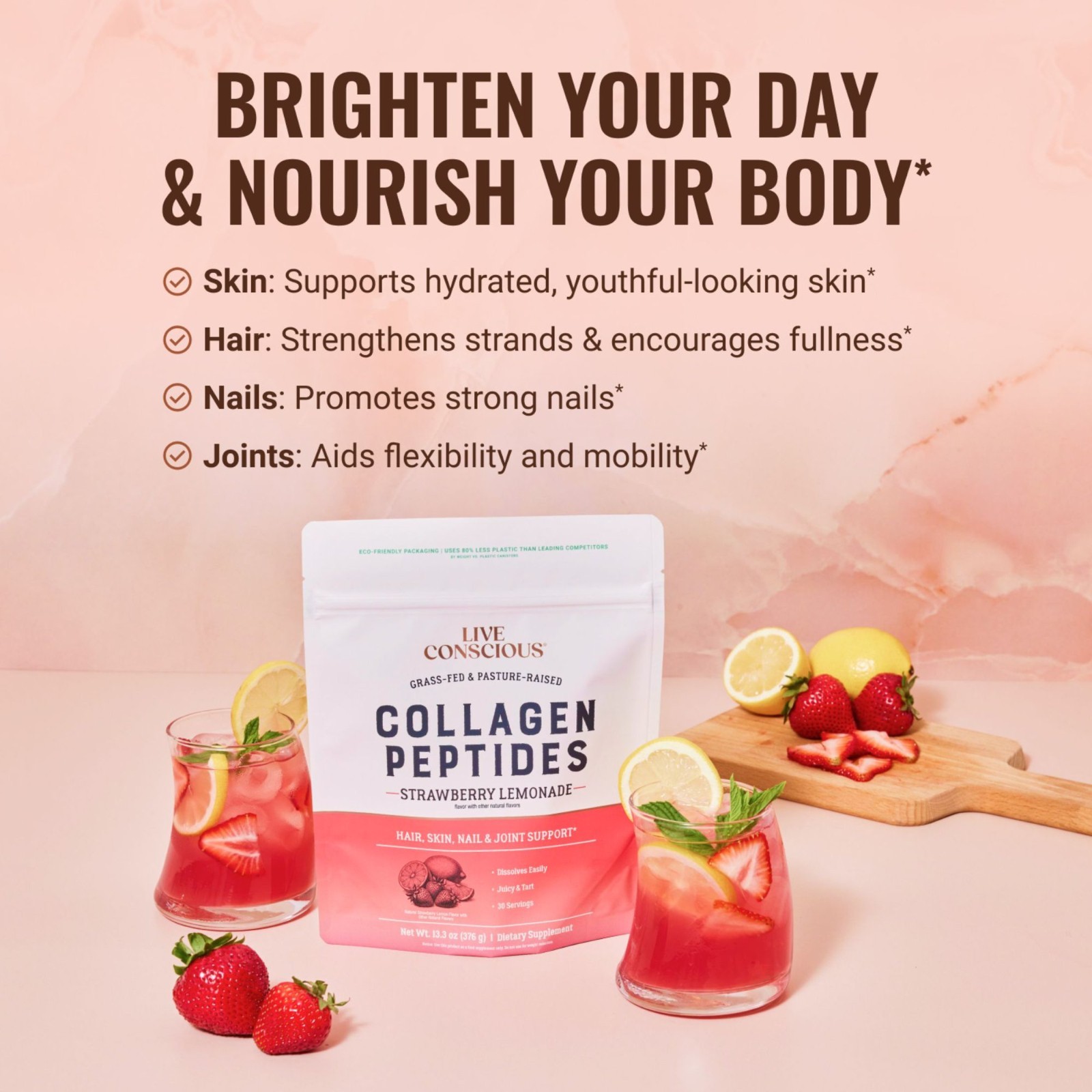 Live Conscious Collagen Peptides Powder Strawberry Lemonade 30 Serv Hair Skin