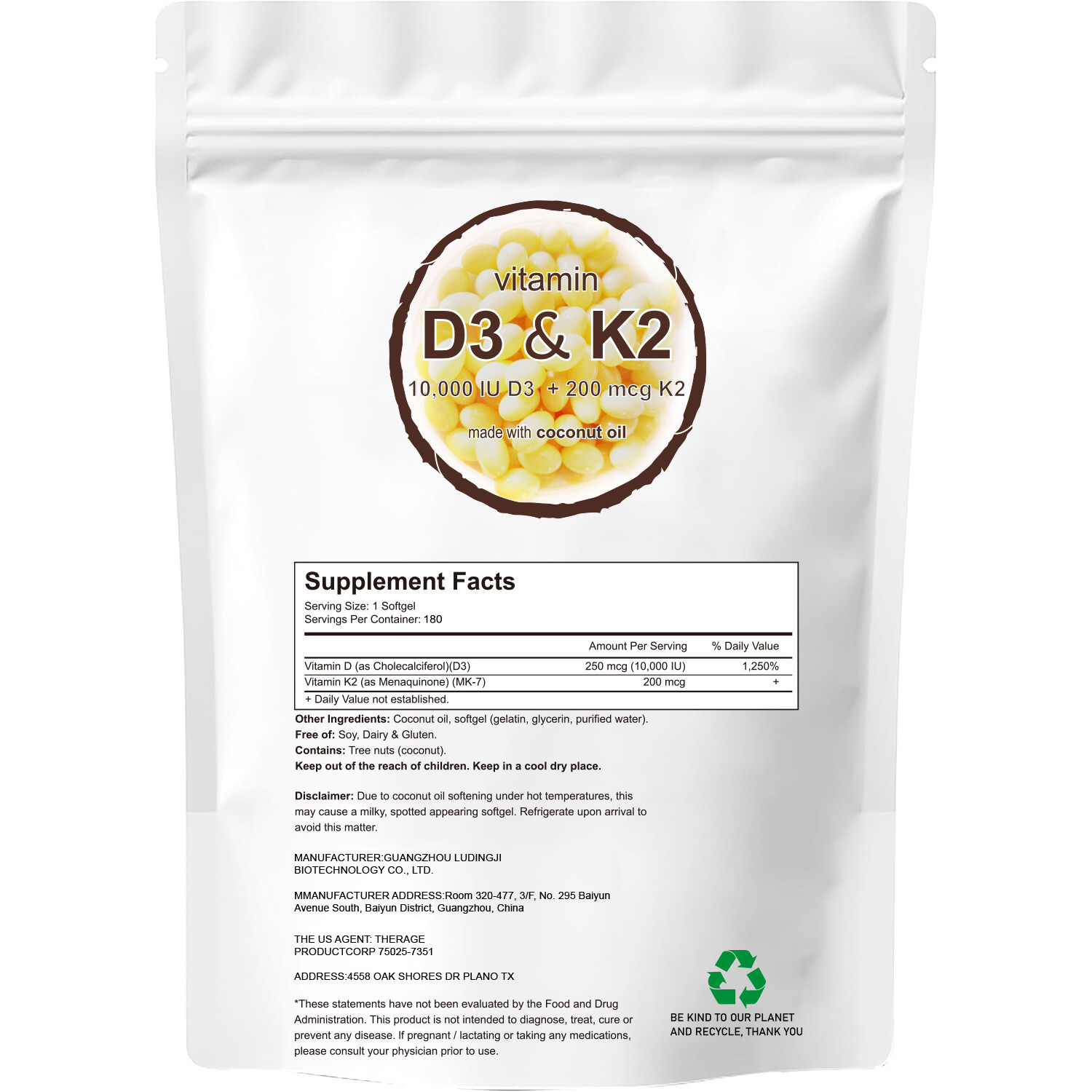 Vitamin D3 10000 iu Plus K2 (MK-7) 200 mcg coconut oil soft 180/300 capsules US
