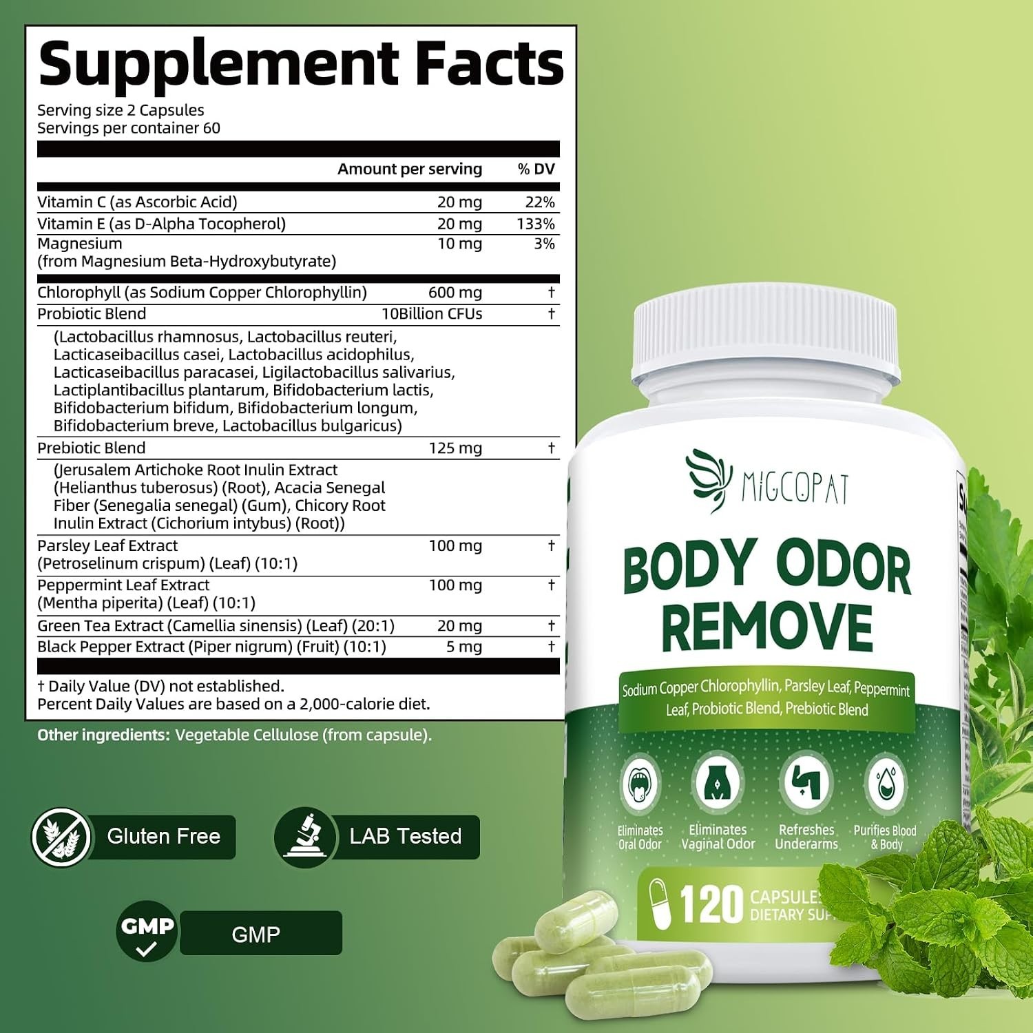 Chlorophyll Body Deodorizing Supplement with 10 Billion CFU Probiotic Free Shipp