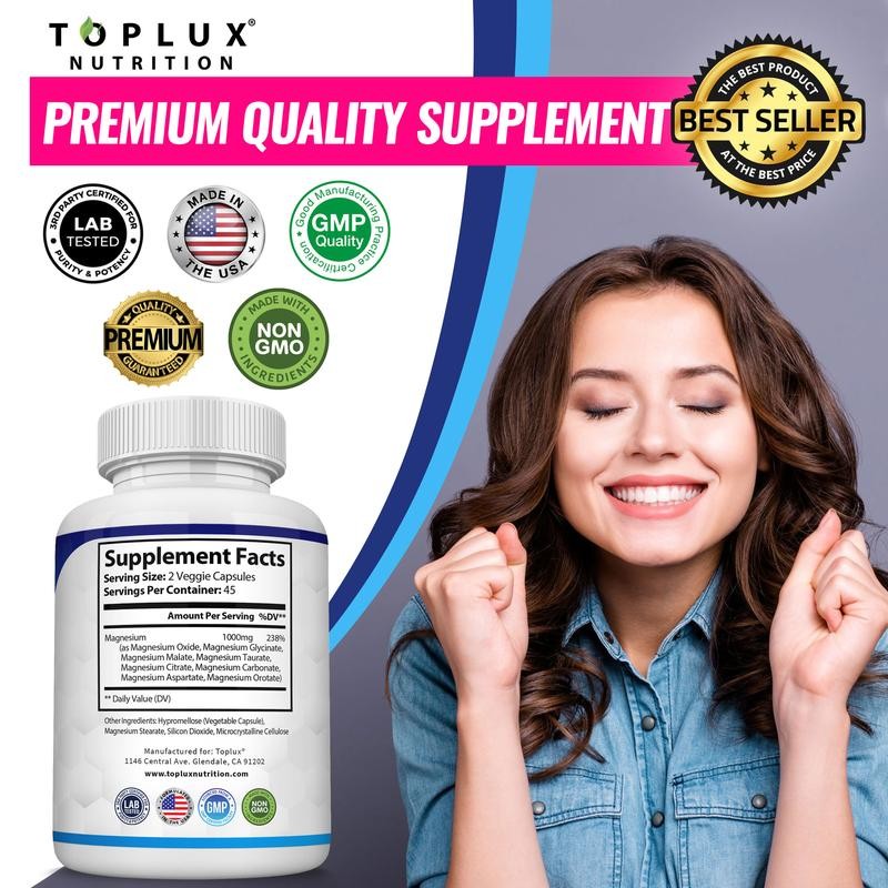 3PACKS Toplux Nutrition Magnesium Complex 1000mg Supports 8 Elemental Magnesium