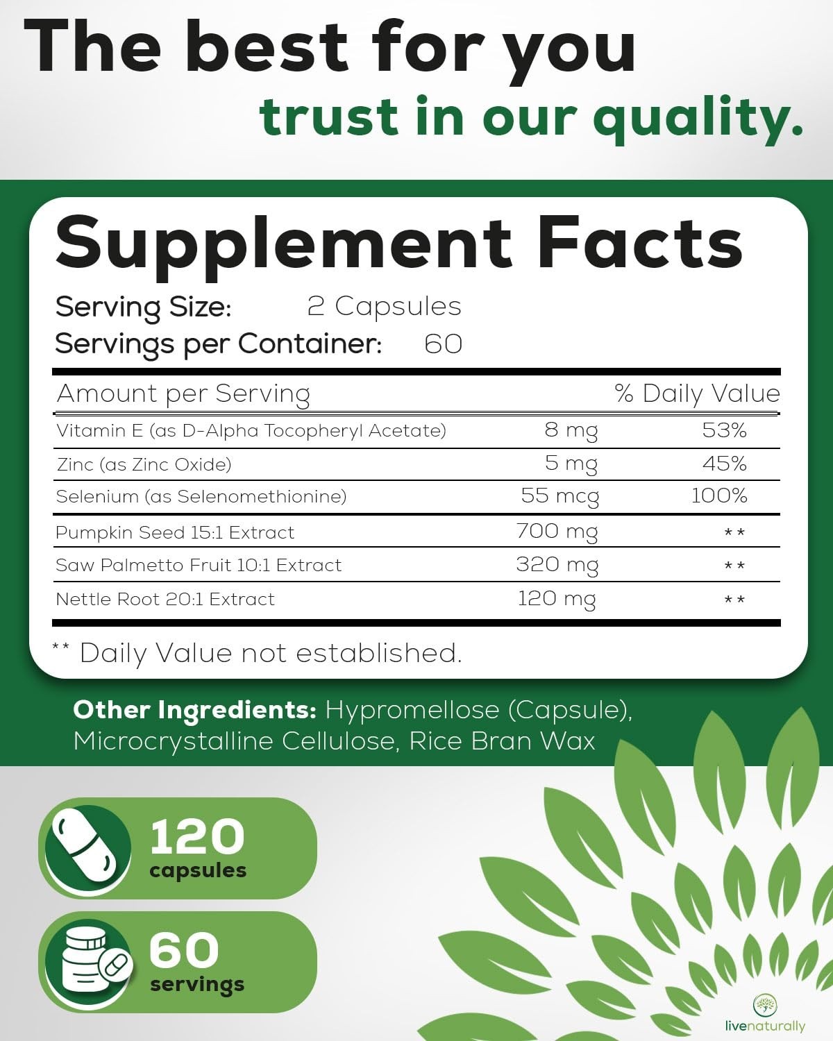 Prostate Health Support Supplement – Saw Palmetto, Pumpkin Seed, Zinc, 120 Caps
