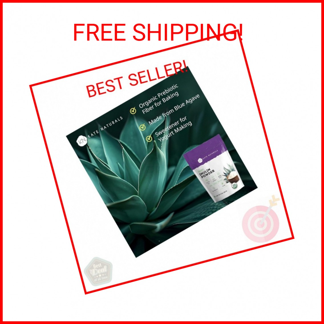 Kate Naturals Inulin Powder Organic from Blue Agave (8oz) Soluble Prebiotic Fibe