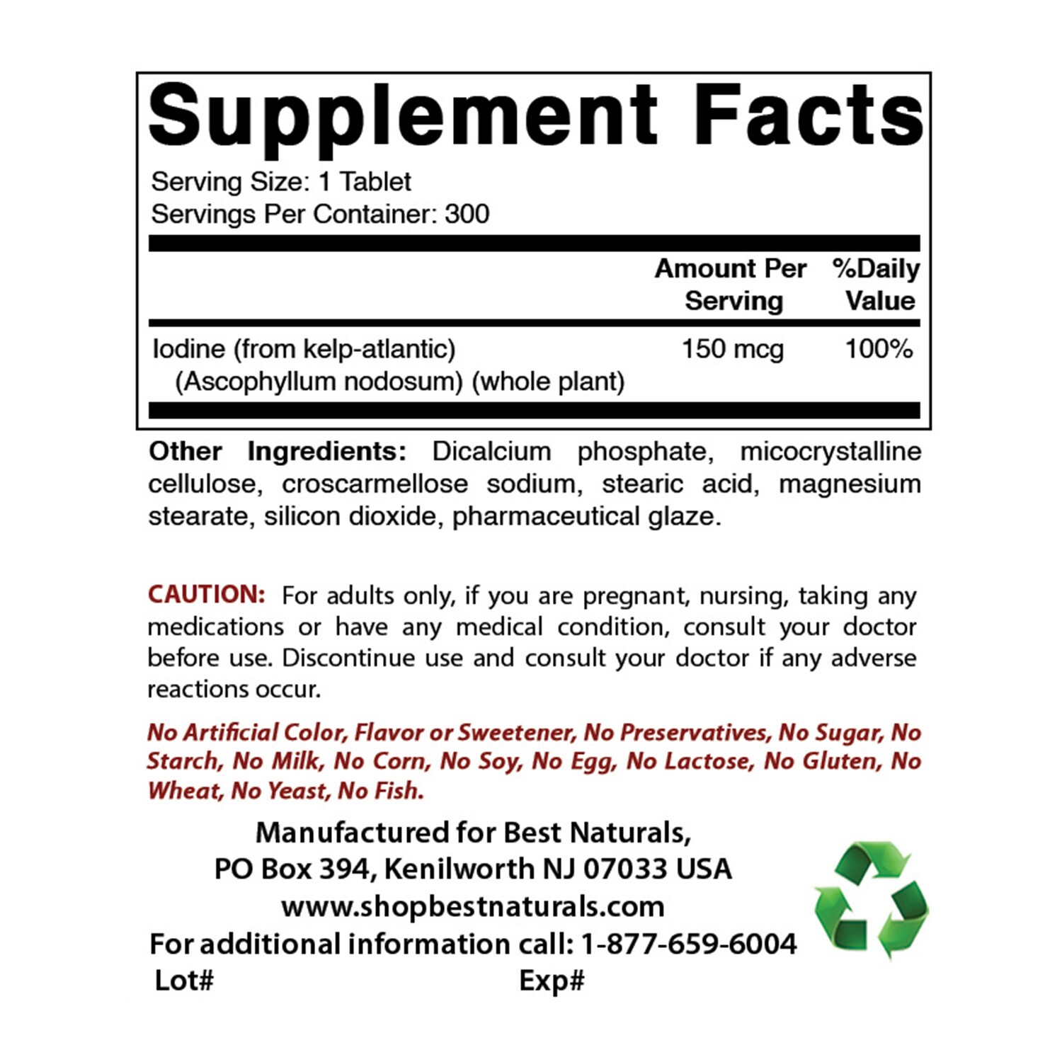 Best Naturals Kelp 150 mcg 300 Tablets *Healthy Thyroid Function*