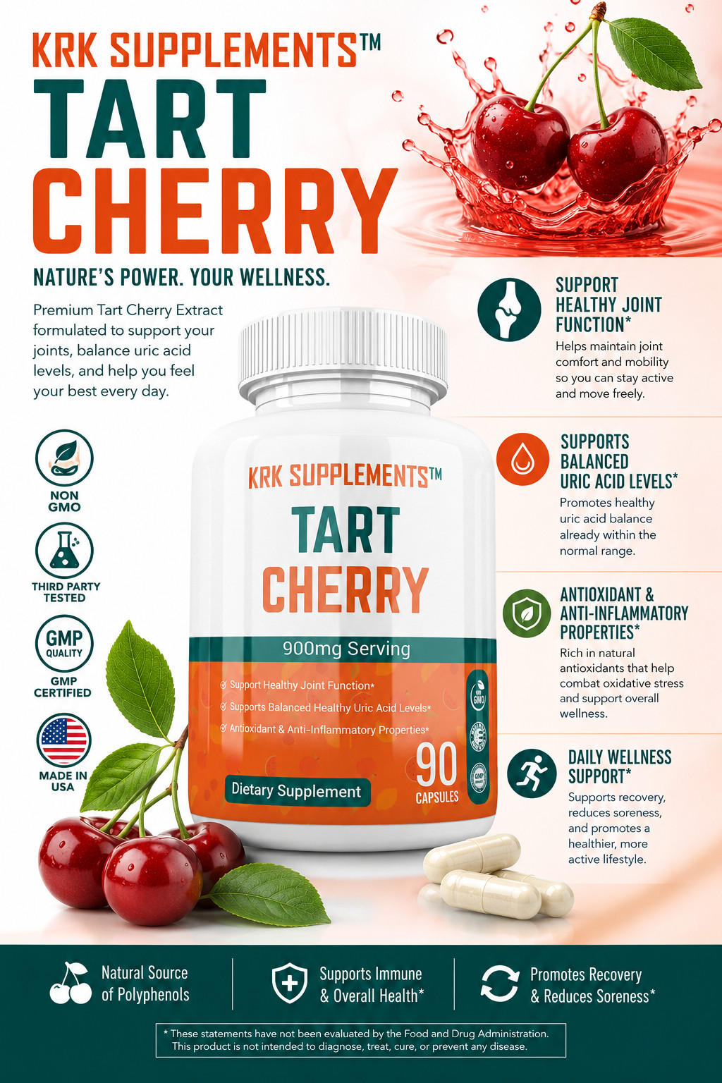 1 Bottle Tart Cherry Extract 900mg Anthocyanins for Gout Joint Pain Arthritis