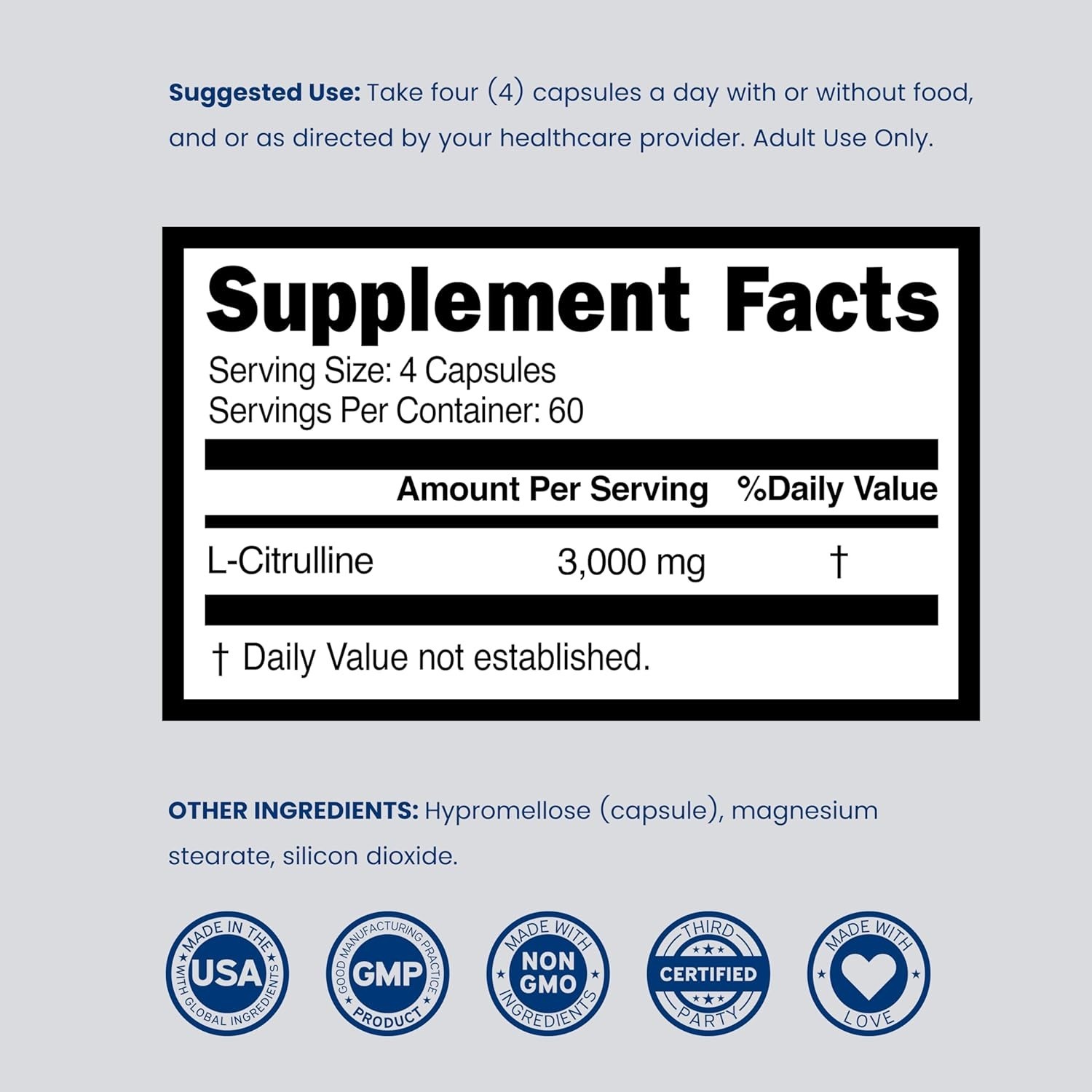 L-Citrulline 3000mg 240 Capsules GMP Certified & Non-GMO Free Form Amino