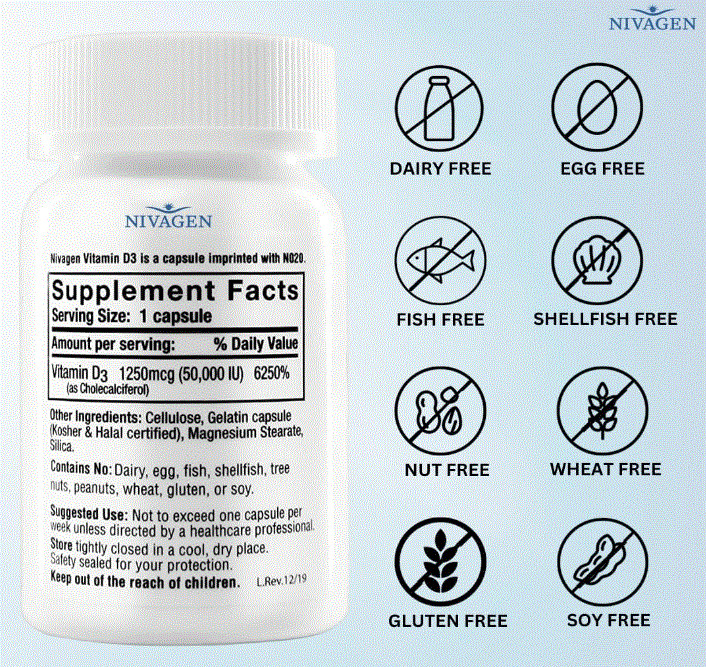 Nivagen Vitamina D3 50000 UI, Pack of 100 Capsules