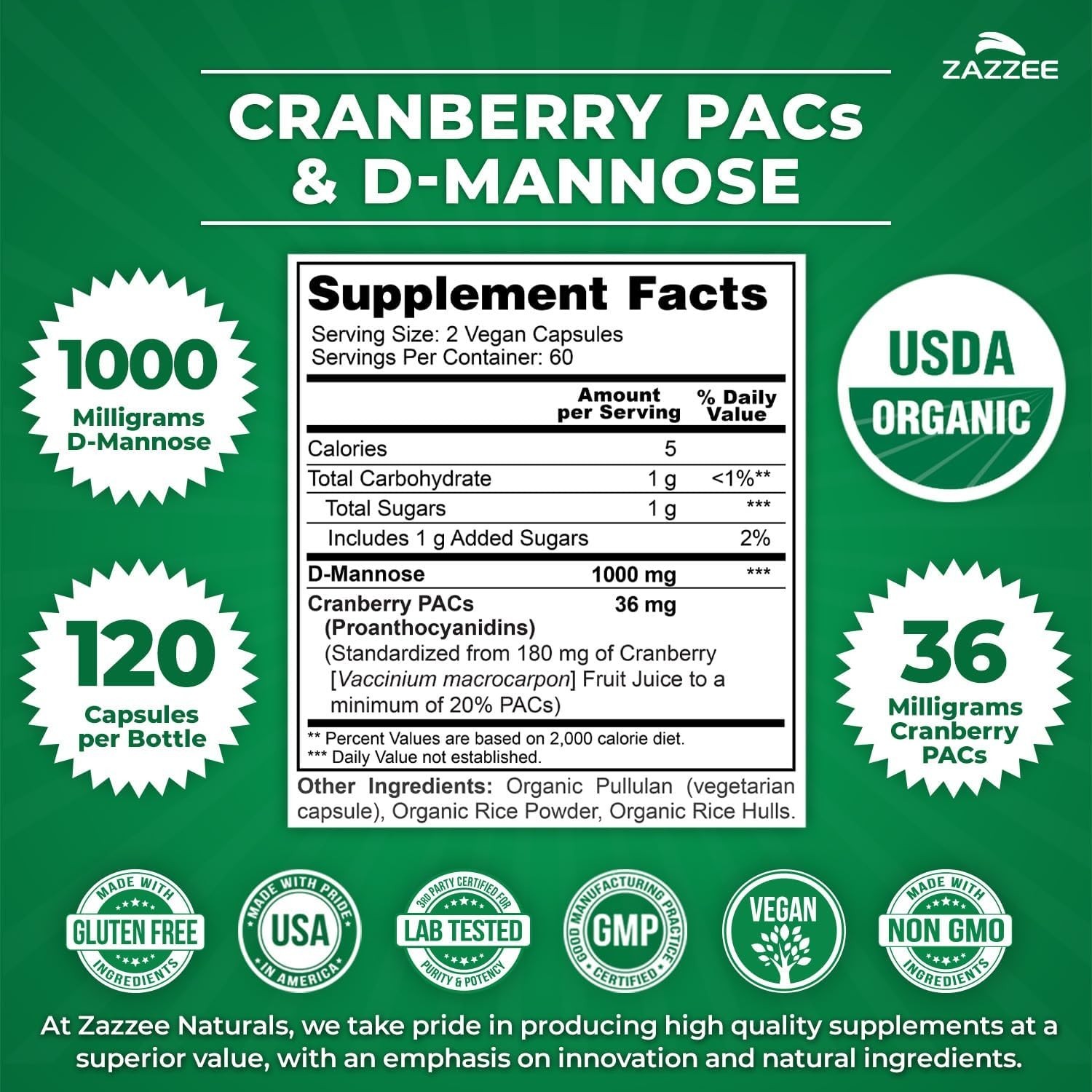 USDA Organic Cranberry PACs & D-Mannose, 36 mg PACs per Serving, 1000 mg D-Ma…