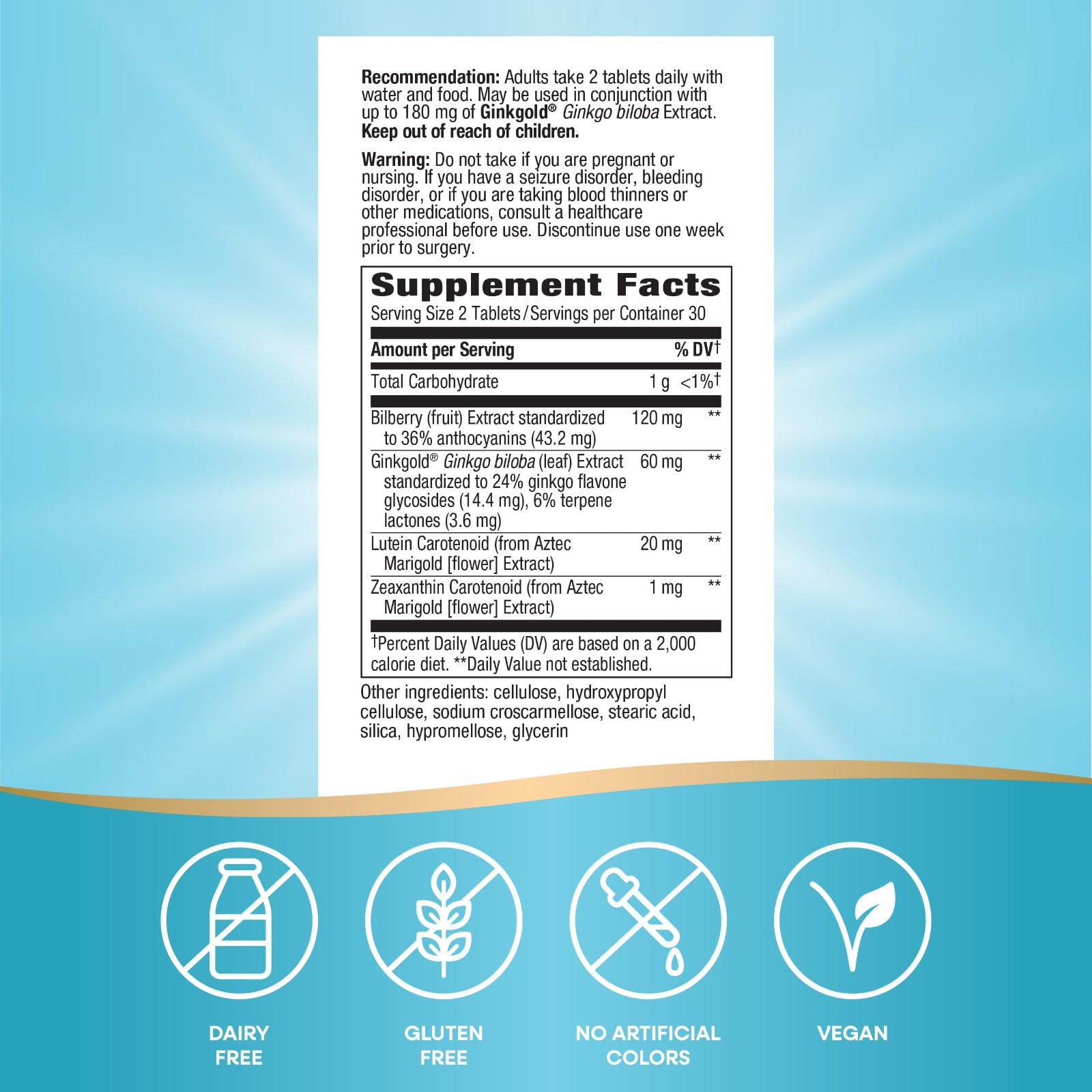 Ginkgo Biloba Eye Health Supplements – 60mg, Gluten-Free, 60 Tablets, Supports V