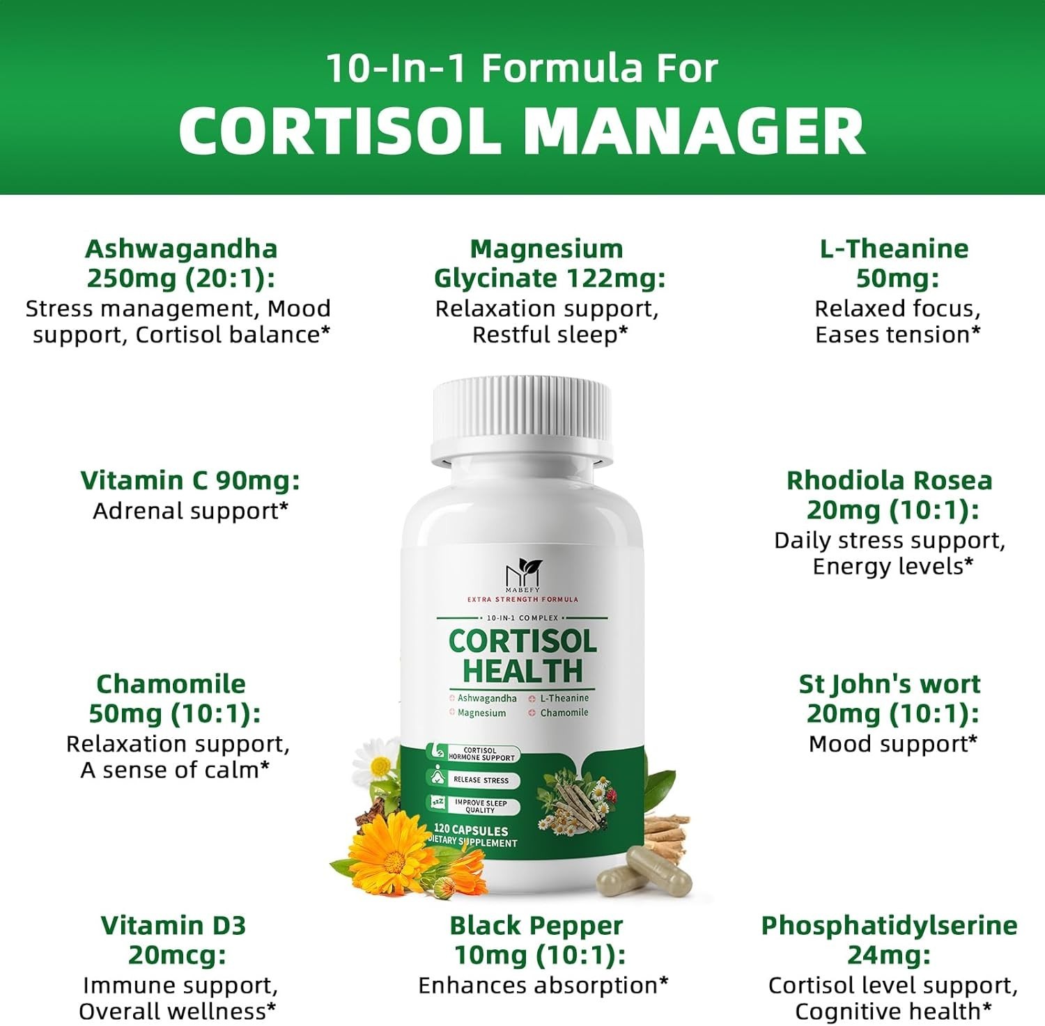 MABEFY Cortisol Supplements for Women/Men – 10 in 1 Cortisol Manager Reducer Low