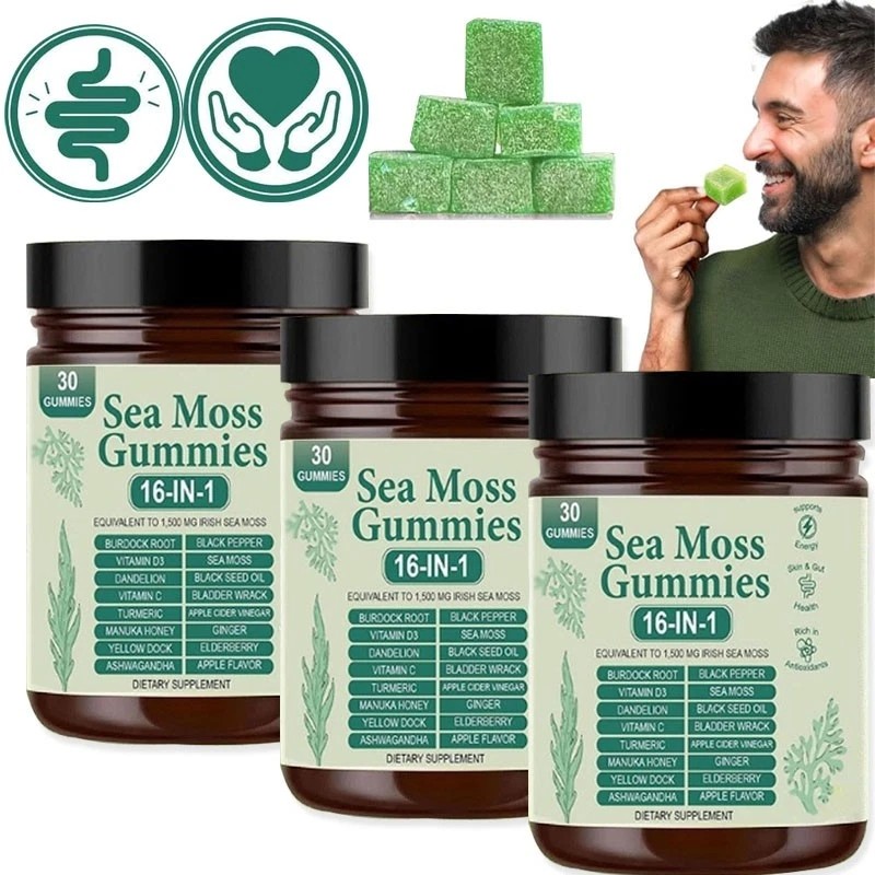 16 in 1 Organic Sea Moss Gummy | Irishmoss Extract 6000Mg | Green Apple Flavor