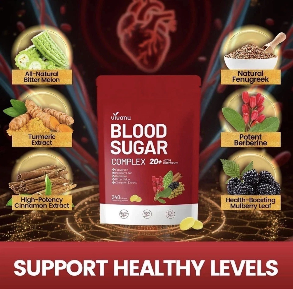 VivoNu Blood Sugar Complex Supplement with 20 Herbs and Vitamins 240 Softgels