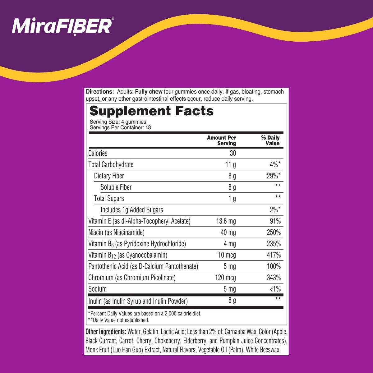 MiraFIBER Gummies from The Makers of MiraLAX, 8g of Daily Fiber Per Serving,72ct