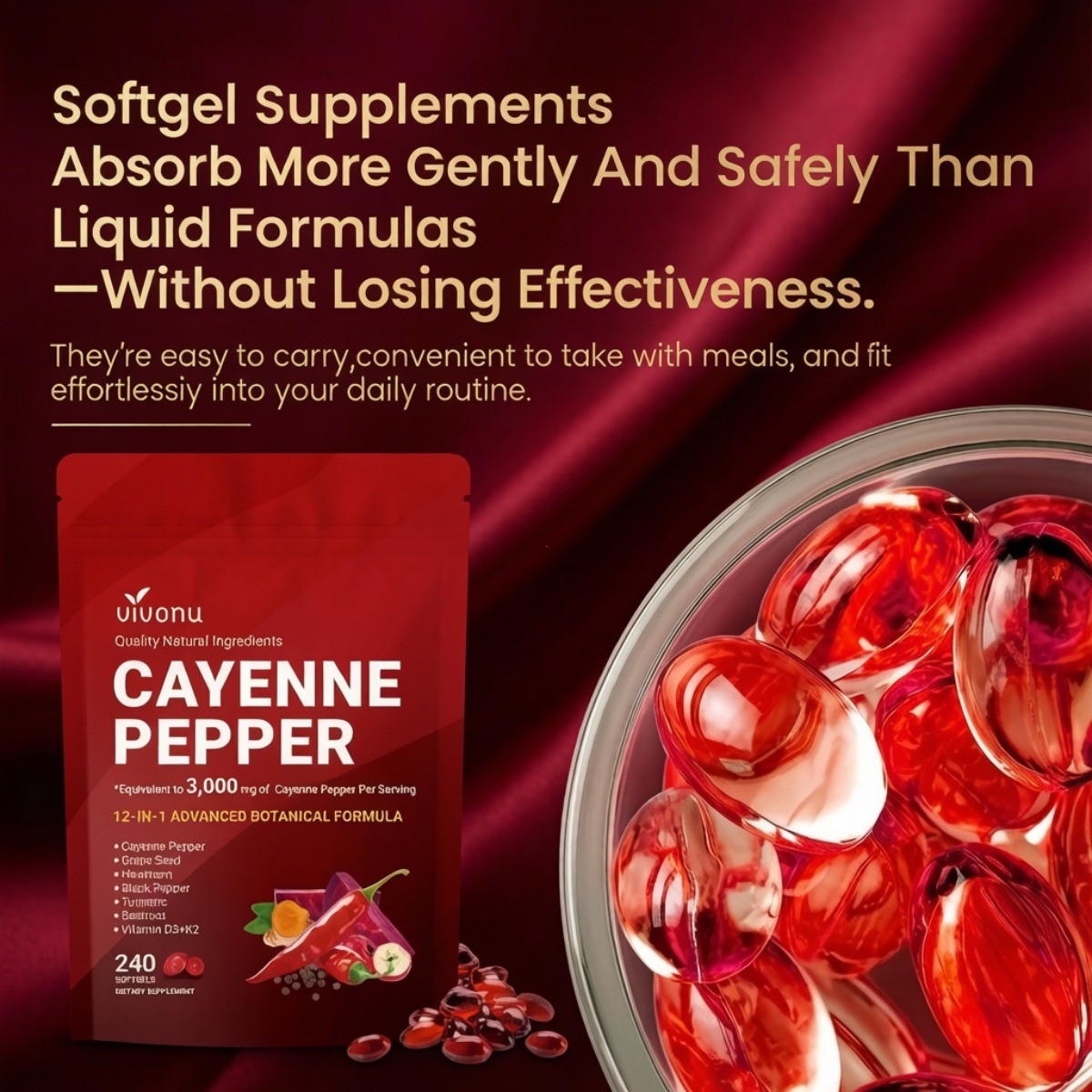 Vivonu 12in1 Cayenne Pepper Softgels D3 K2 Grape Seed Heart Circulation Support