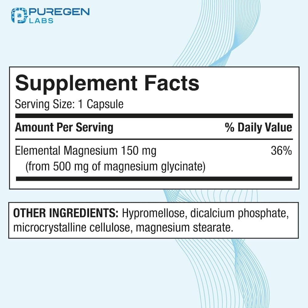 Puregen Labs Magnesium Glycinate 500mg High Potency 120 Veggie Caps