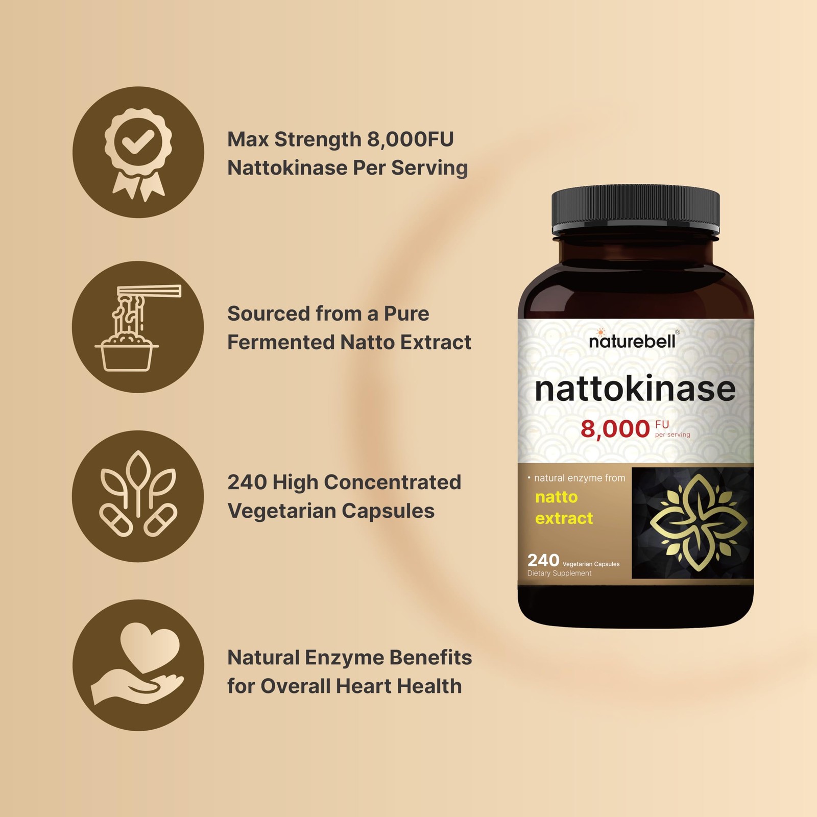 NatureBell Nattokinase Supplement 8,000 FU Per Serving, 240 Veggie Capsules |