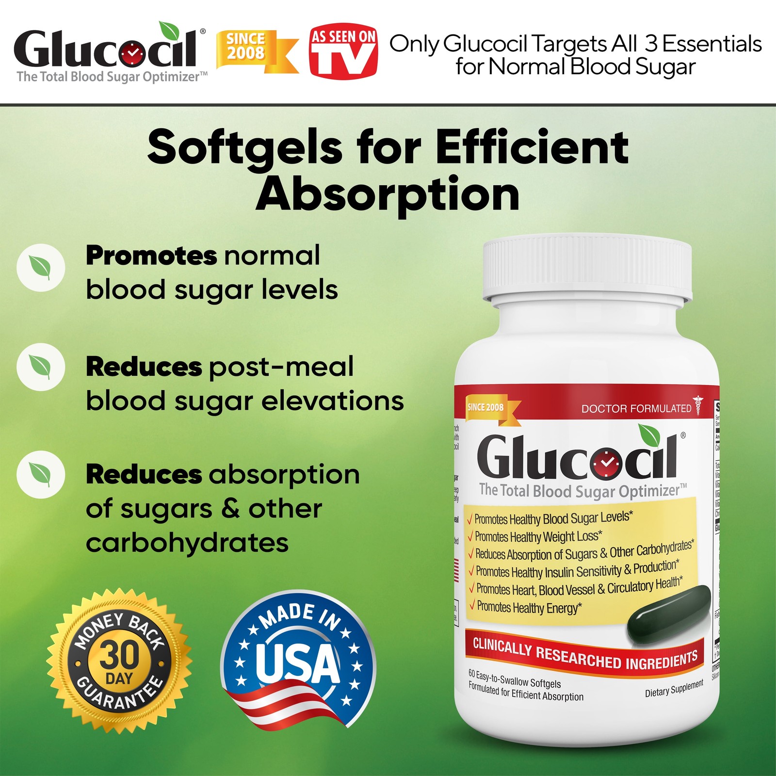 Glucocil Premium Blood Sugar Support Dietary Supplement Softgels, 60 Count