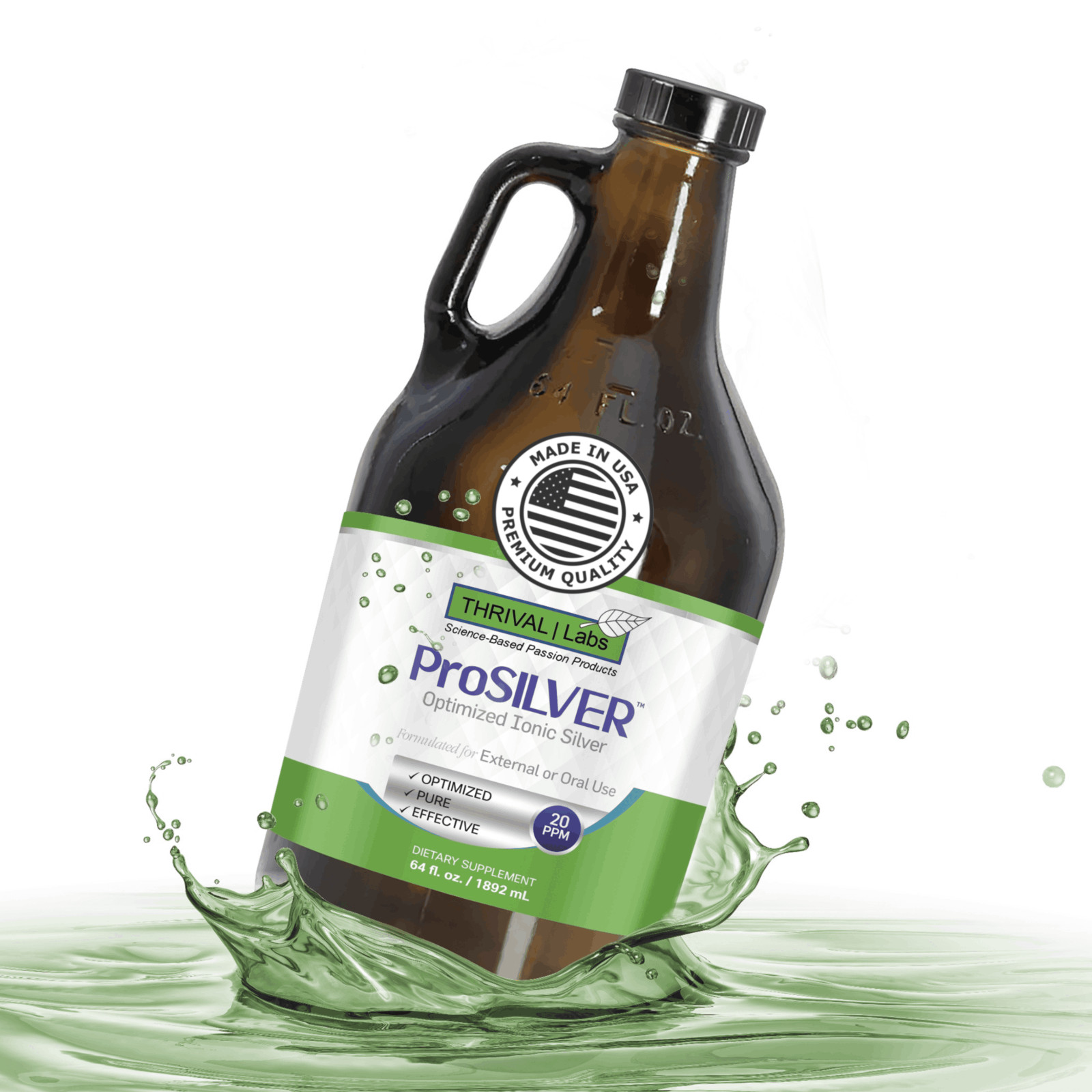 ProSILVER Ionic Colloidal Silver 20 PPM Liquid 64oz Glass Bottle by Thrival Labs