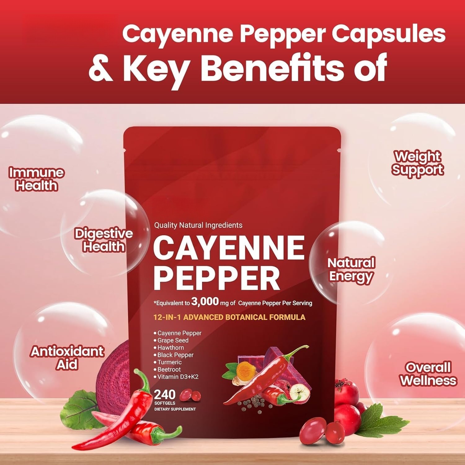 Cayenne Pepper Softgel Support Leg Vein Heart Blood Vessel Health Vitamin D3+K2