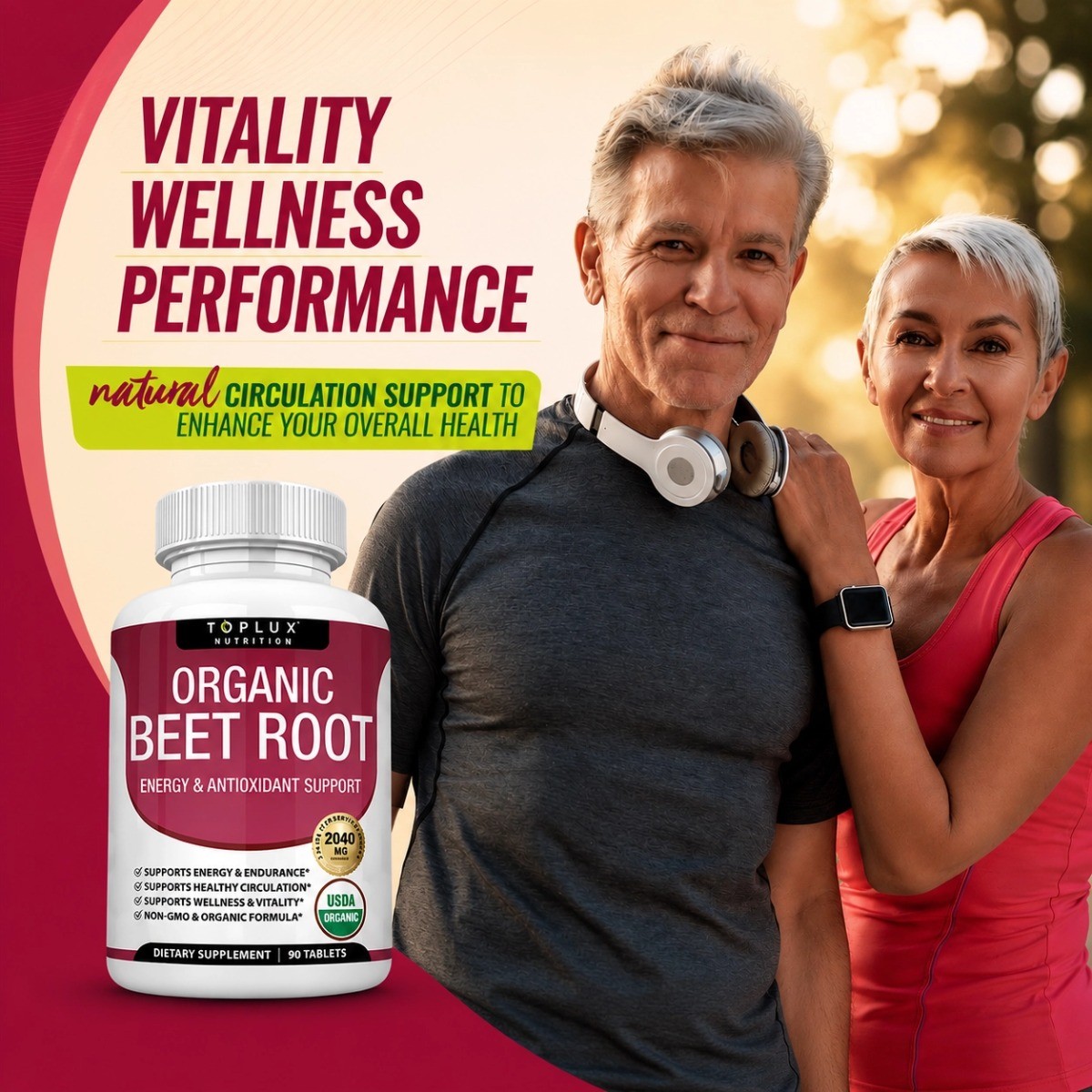 Toplux 2040 mg Organic Beet Root Tablets NO Circulation Enhance 90ct Advanced