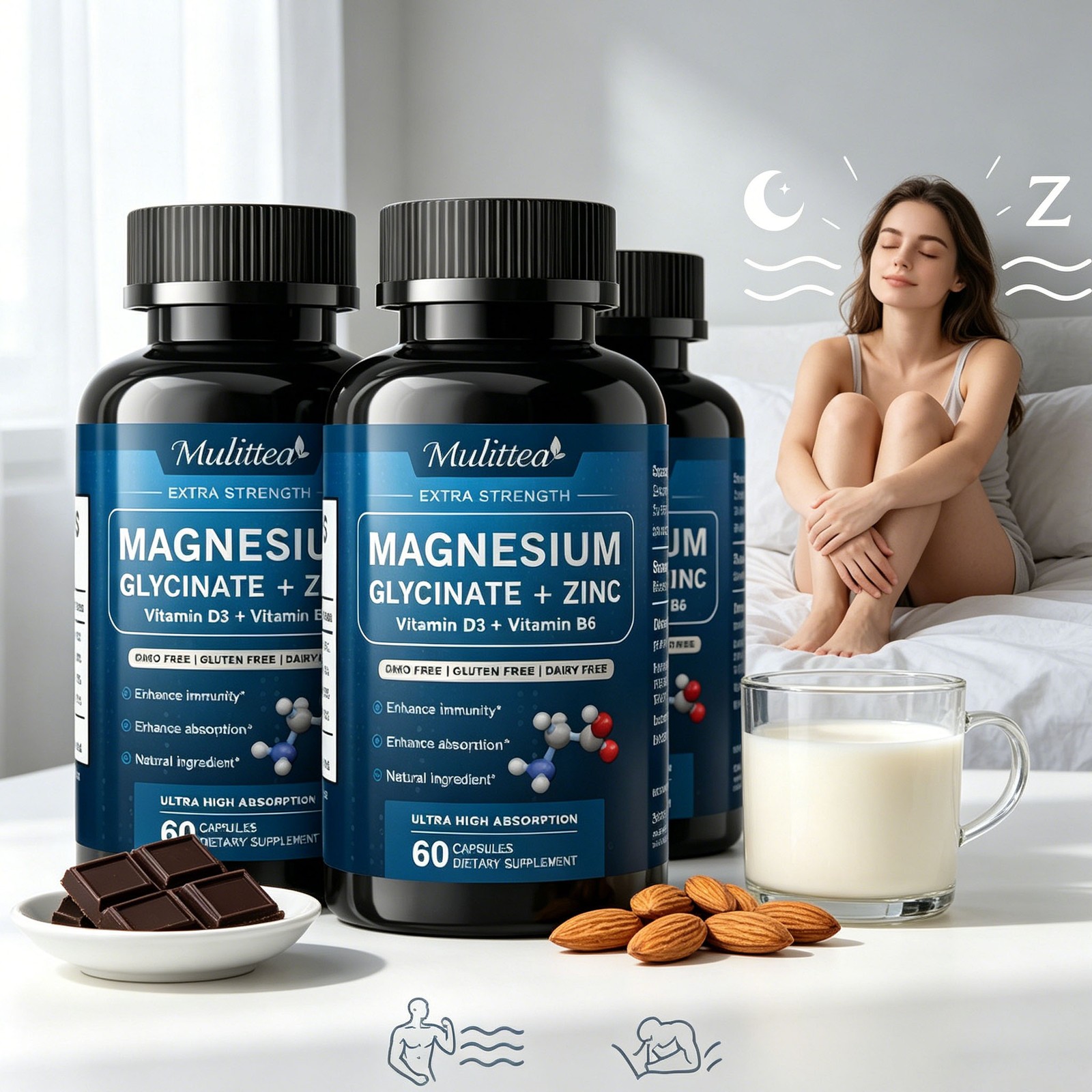 3PACK Magnesium Glycinate Capsules 500mg with Vitamin D3 Vitamin B6 & Zinc
