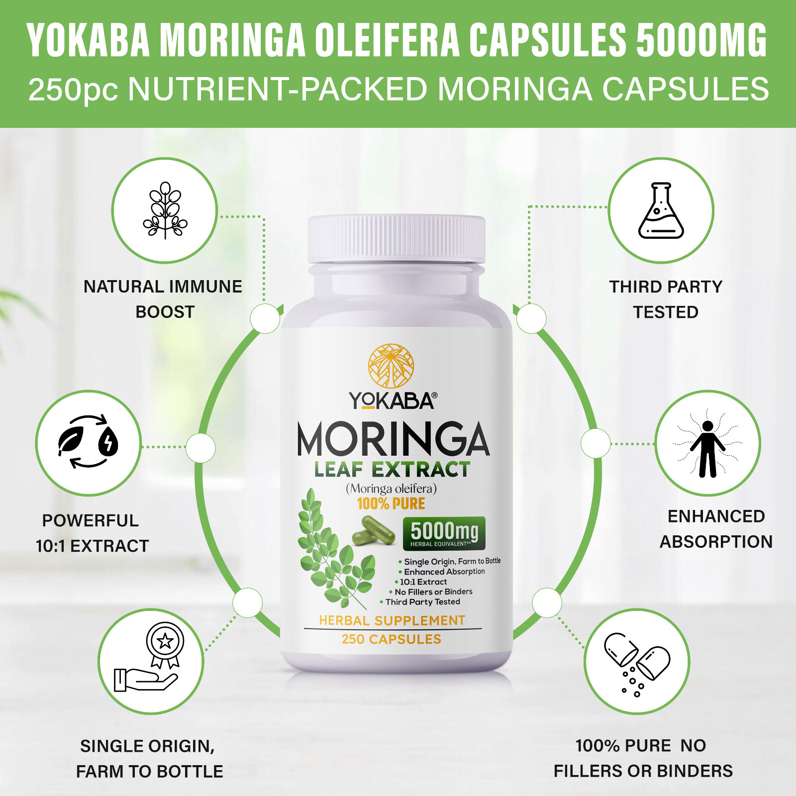 500 Capsules Moringa Oleifera Leaf Powder 5000mg – Organic Herbal Extract YOKABA