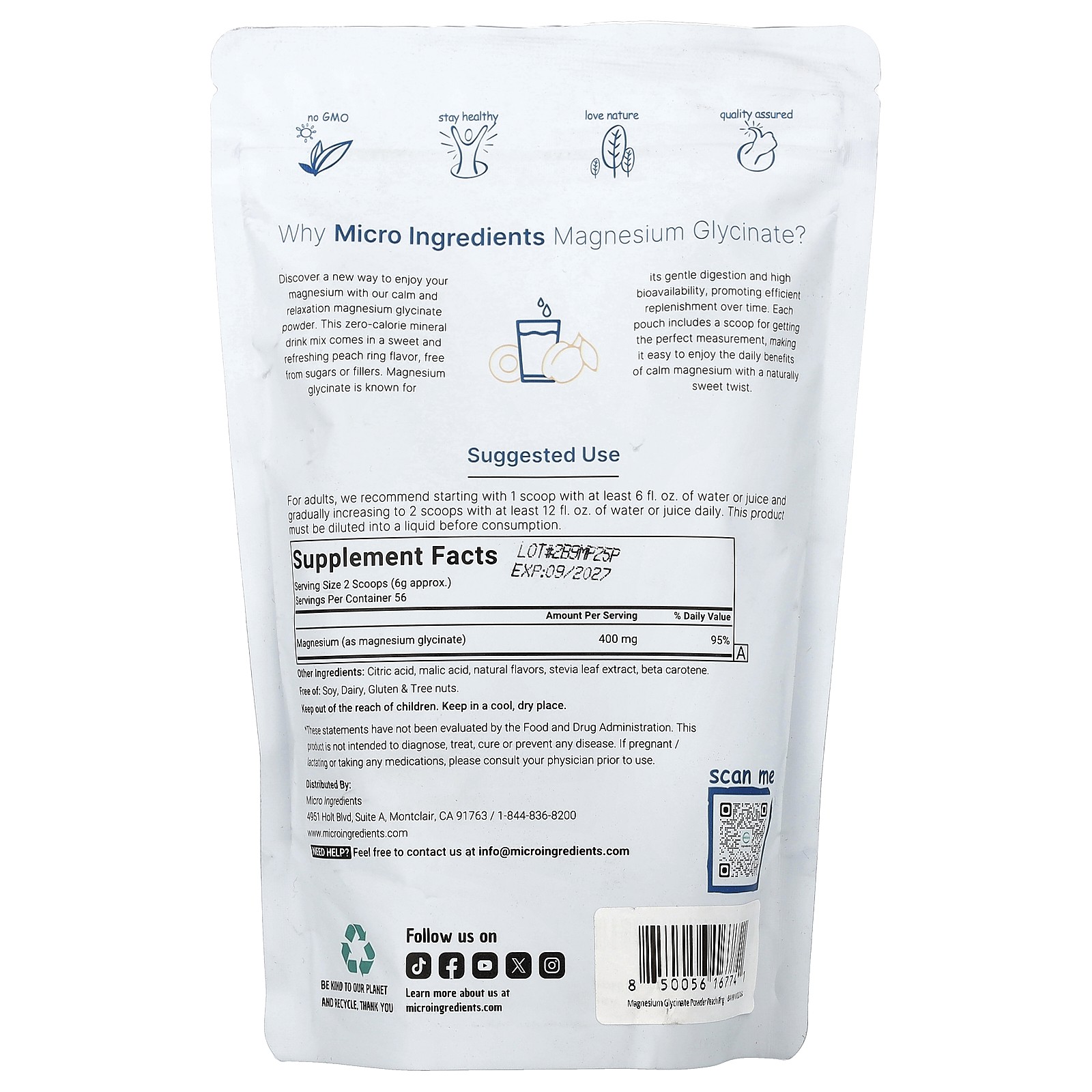 Magnesium Glycinate Powder, Peach Rings, 12 oz (340 g)
