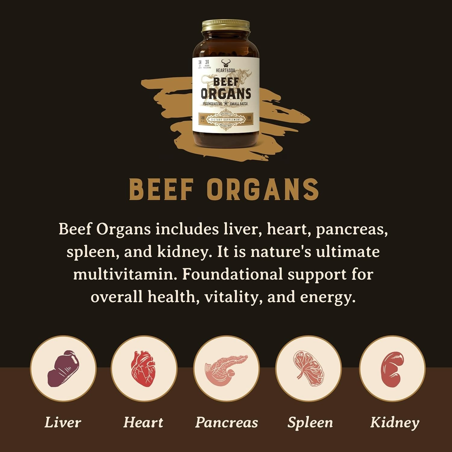 HEART & SOIL – Grass-Fed Beef Organ Supplement for Women & Men – 180 Capsules