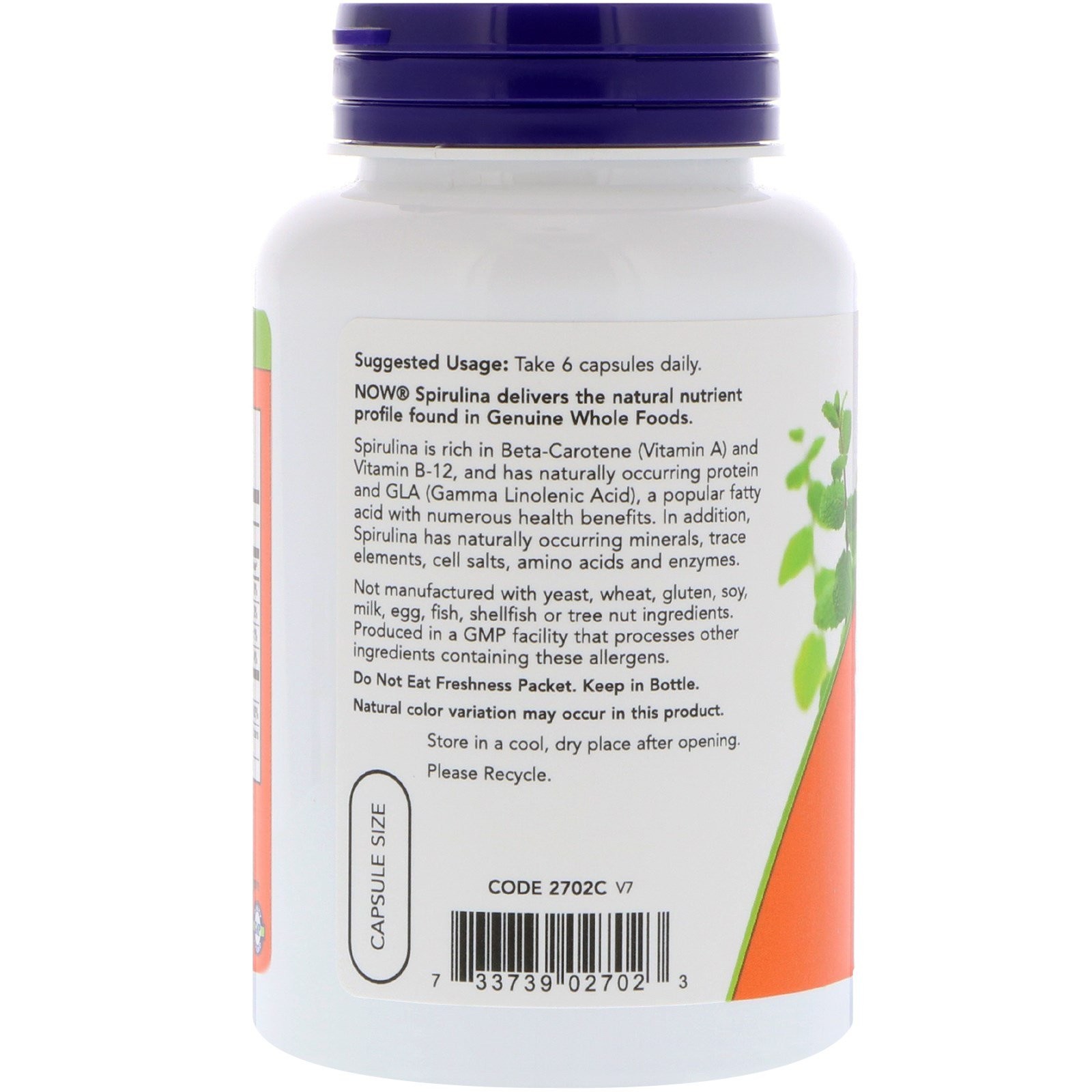Now Foods Natural Spirulina 500 mg 120 Veg Capsules GMP Quality Assured, Vegan,