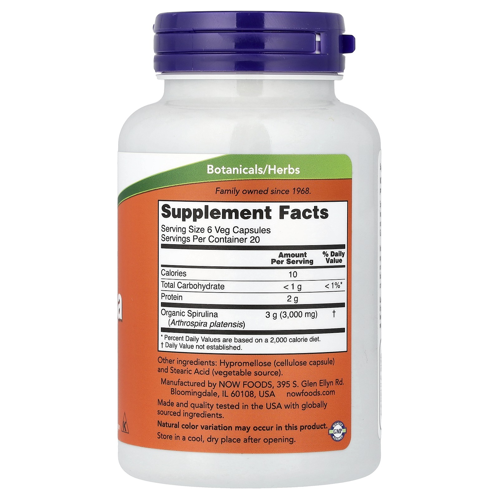 Now Foods Natural Spirulina 500 mg 120 Veg Capsules GMP Quality Assured, Vegan,