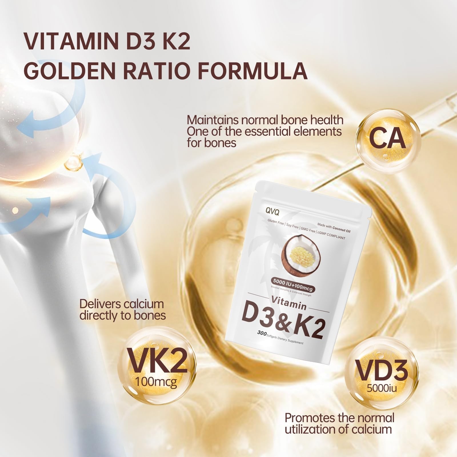 300 Pcs Vitamin D3 K2 5000 IU + 100mcg, Coconut Oil, Gluten-Free, Non-GMO