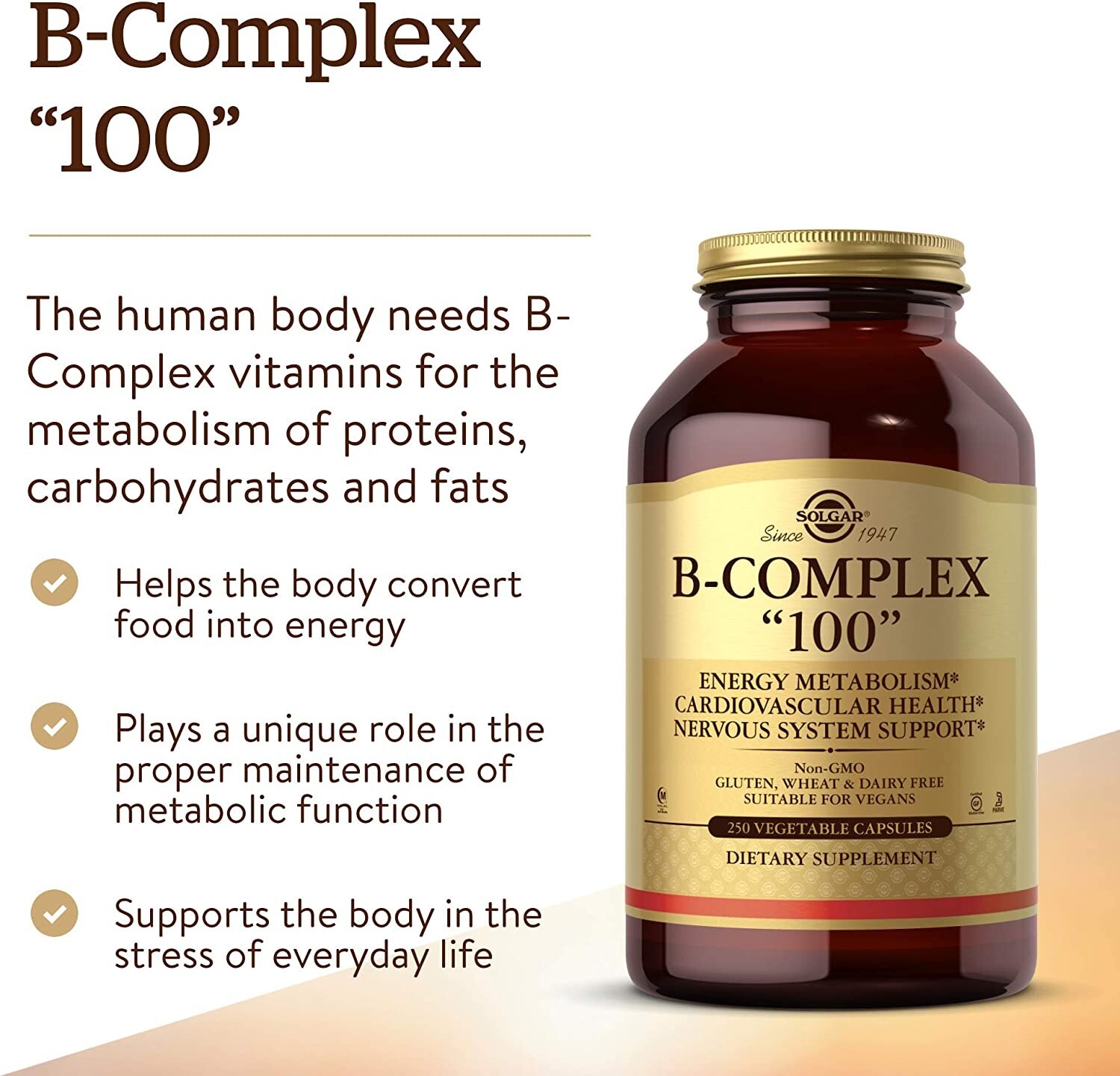 Solgar B-Complex «100», 250 Veg Capsules – Heart & Nervous «Best sell by» 2025