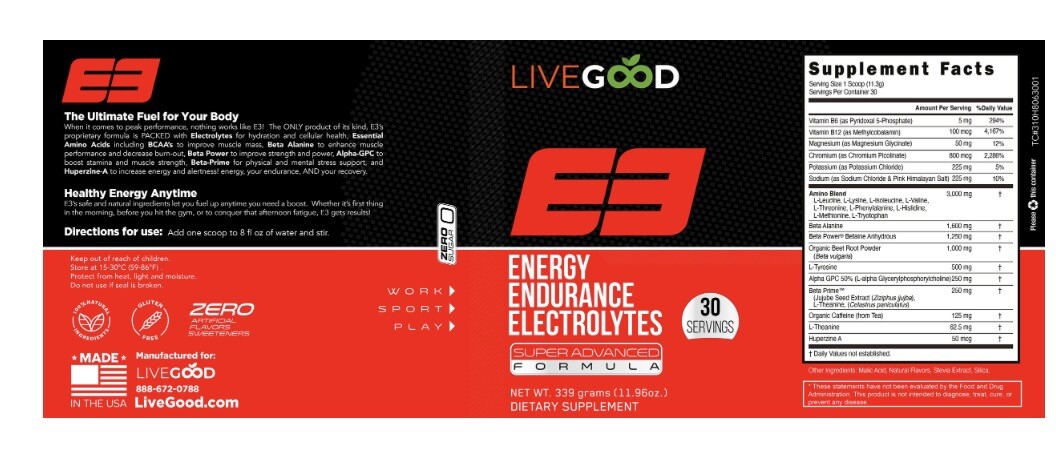 LiveGood E3 Energy Endurance Electrolytes Peak Performance Cellular 339g