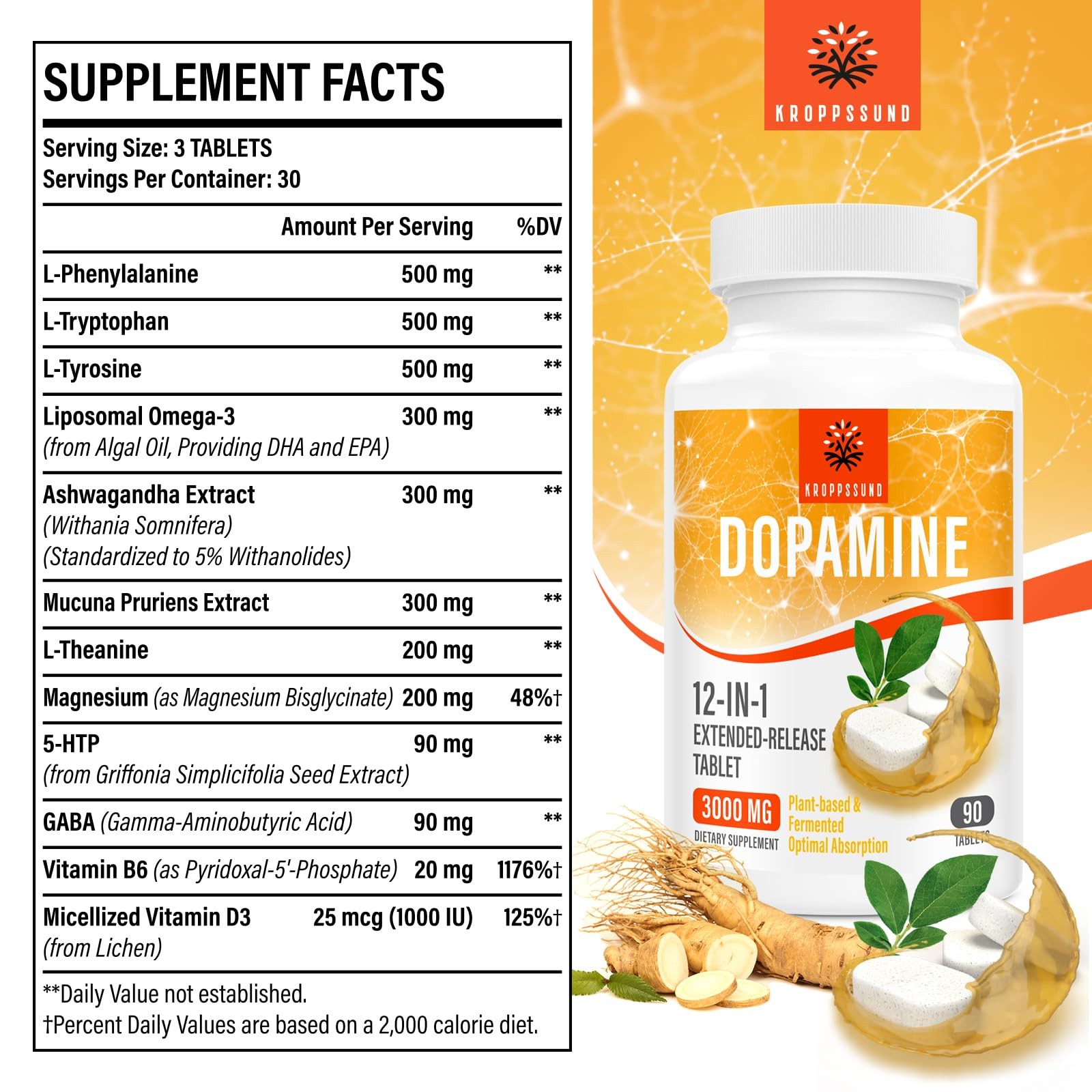 Natural Dopamine Supplement 90 Tablets 1 Bottle