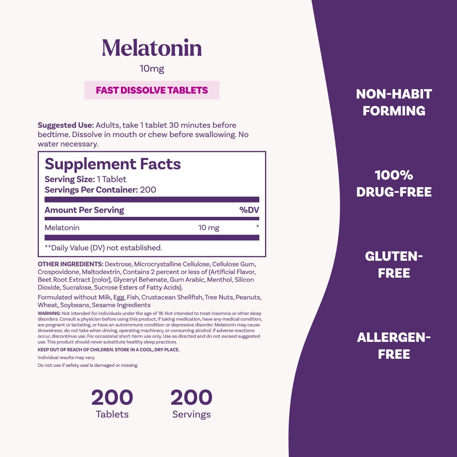 Melatonin 10mg Fast Dissolve Tablets – Strawberry Flavor, 200 Count | Sleep Aid,