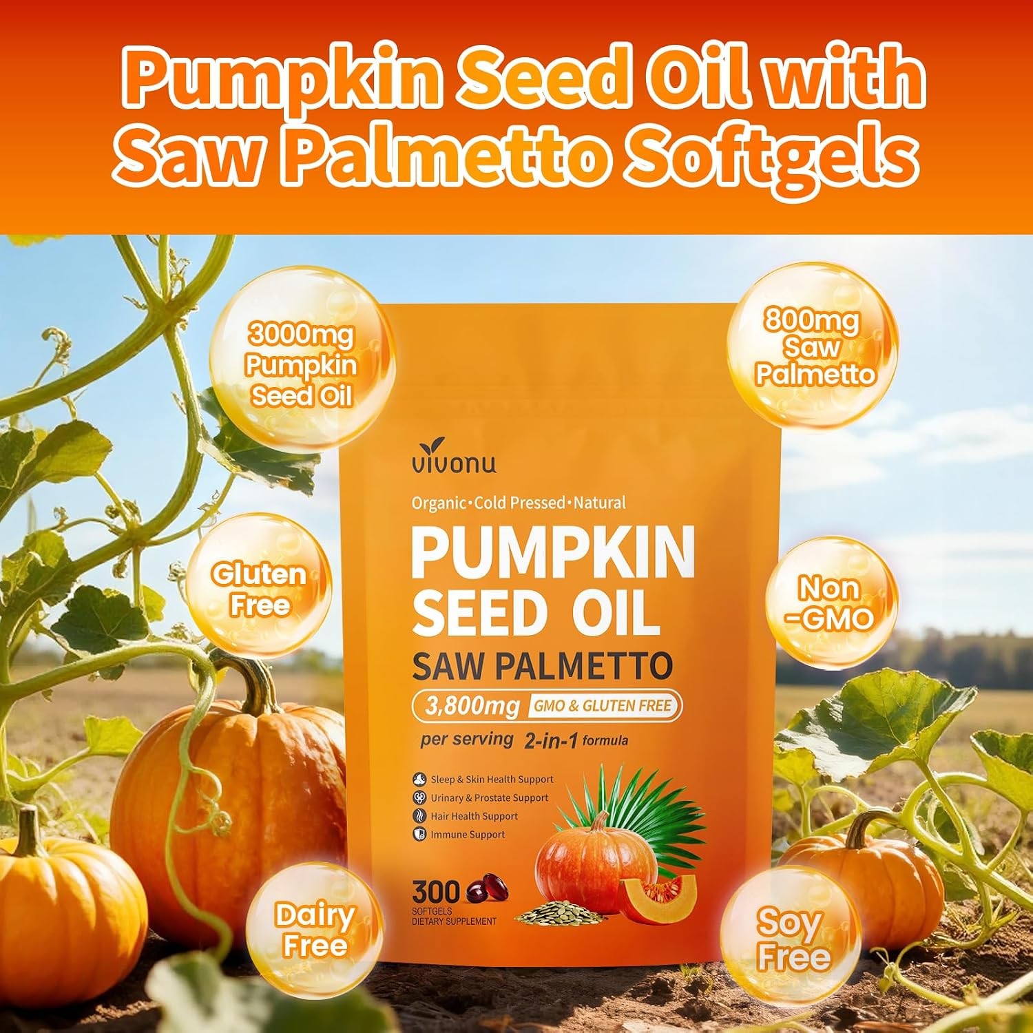 VivoNu Pumpkin Seed Oil with Saw Palmetto + Ashwagandha Softgels Immune Support